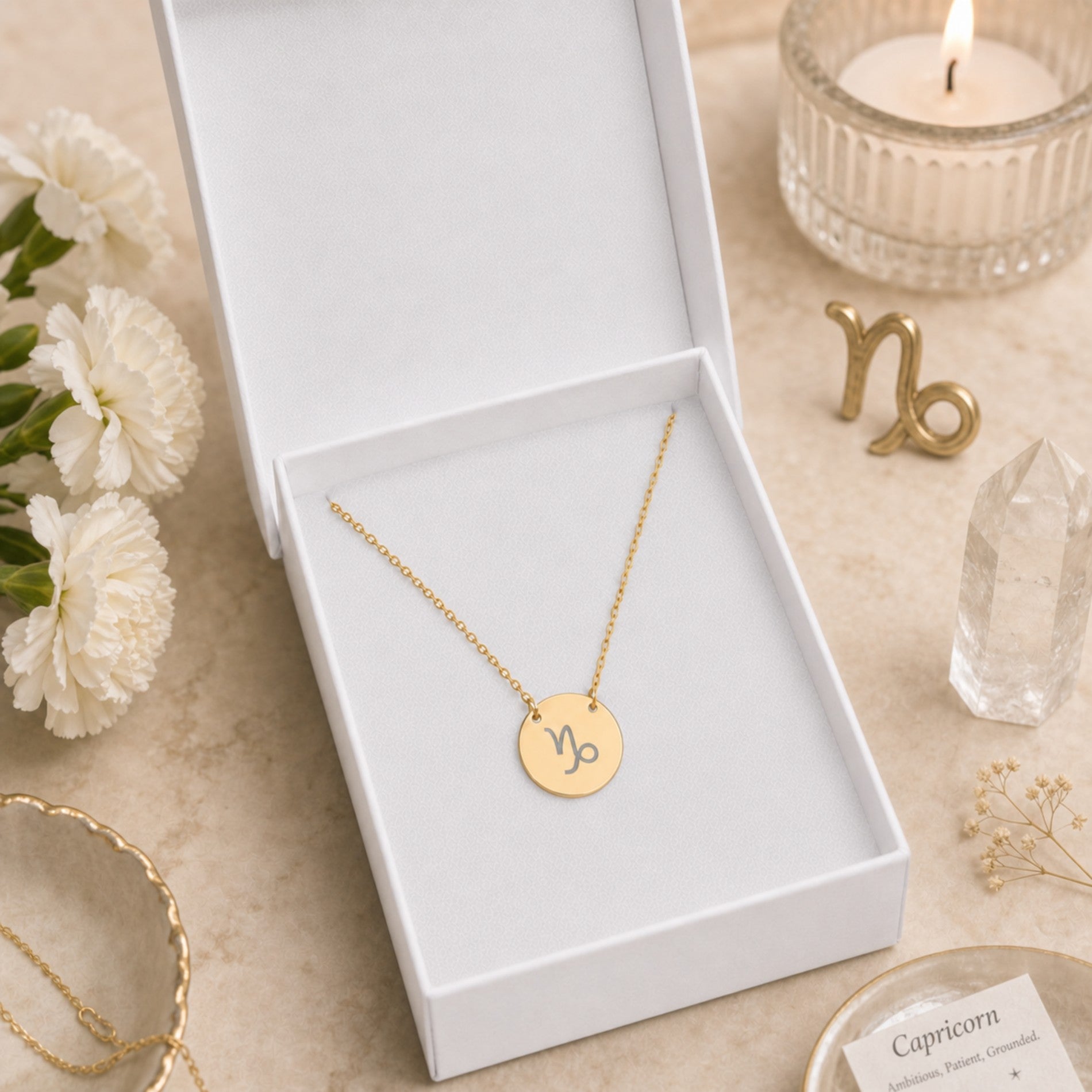 Capricorn zodiac coin necklace presented in a luxe gift box — ready to give (AI-generated image). Memory That Lasts.