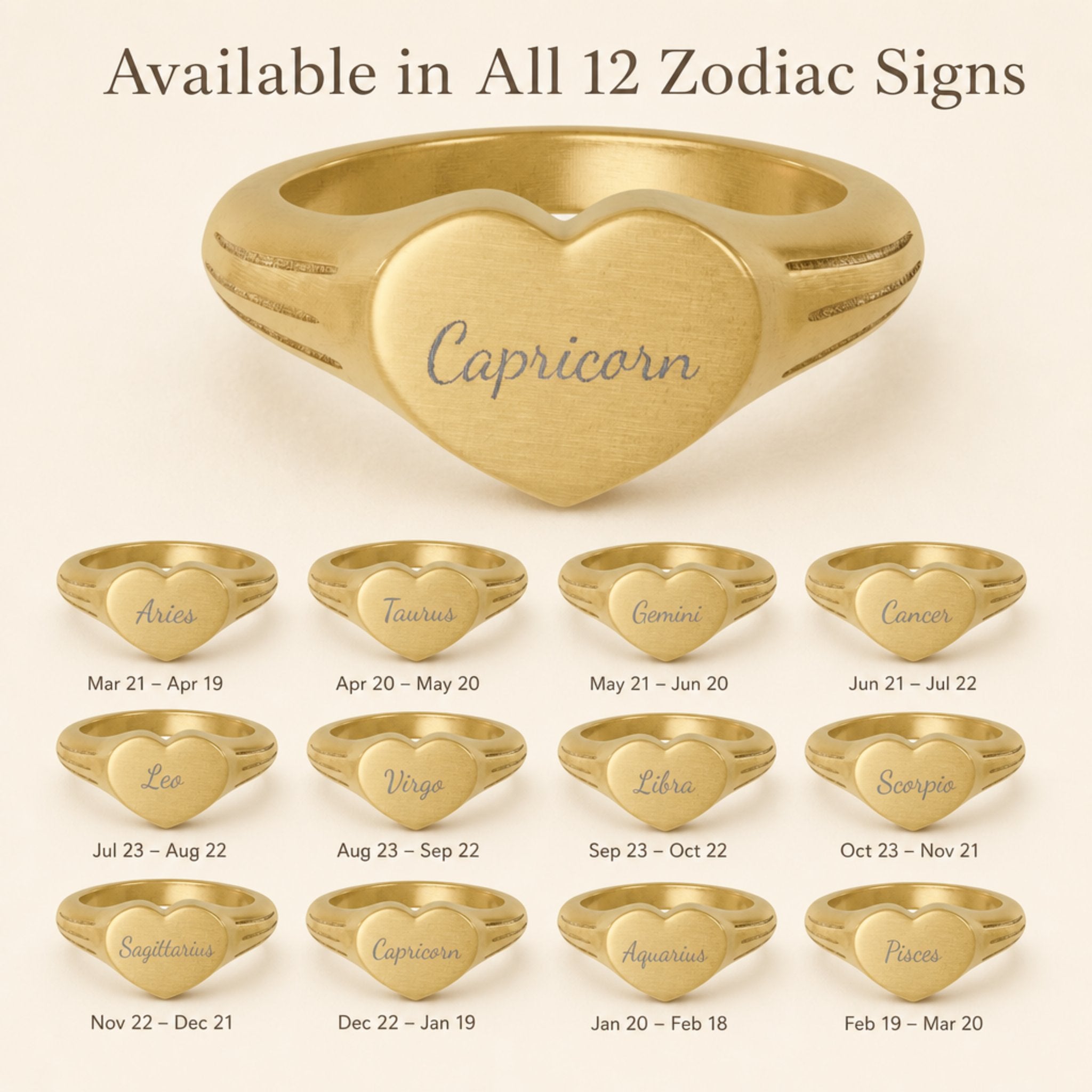 Capricorn zodiac heart signet ring — available in all 12 zodiac signs, variant grid with date ranges