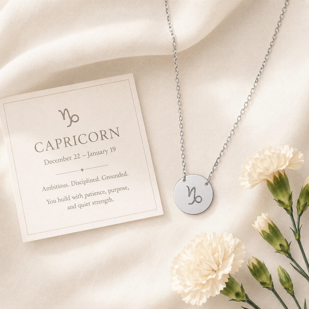Capricorn zodiac coin necklace — engraved star sign pendant. Memory That Lasts.