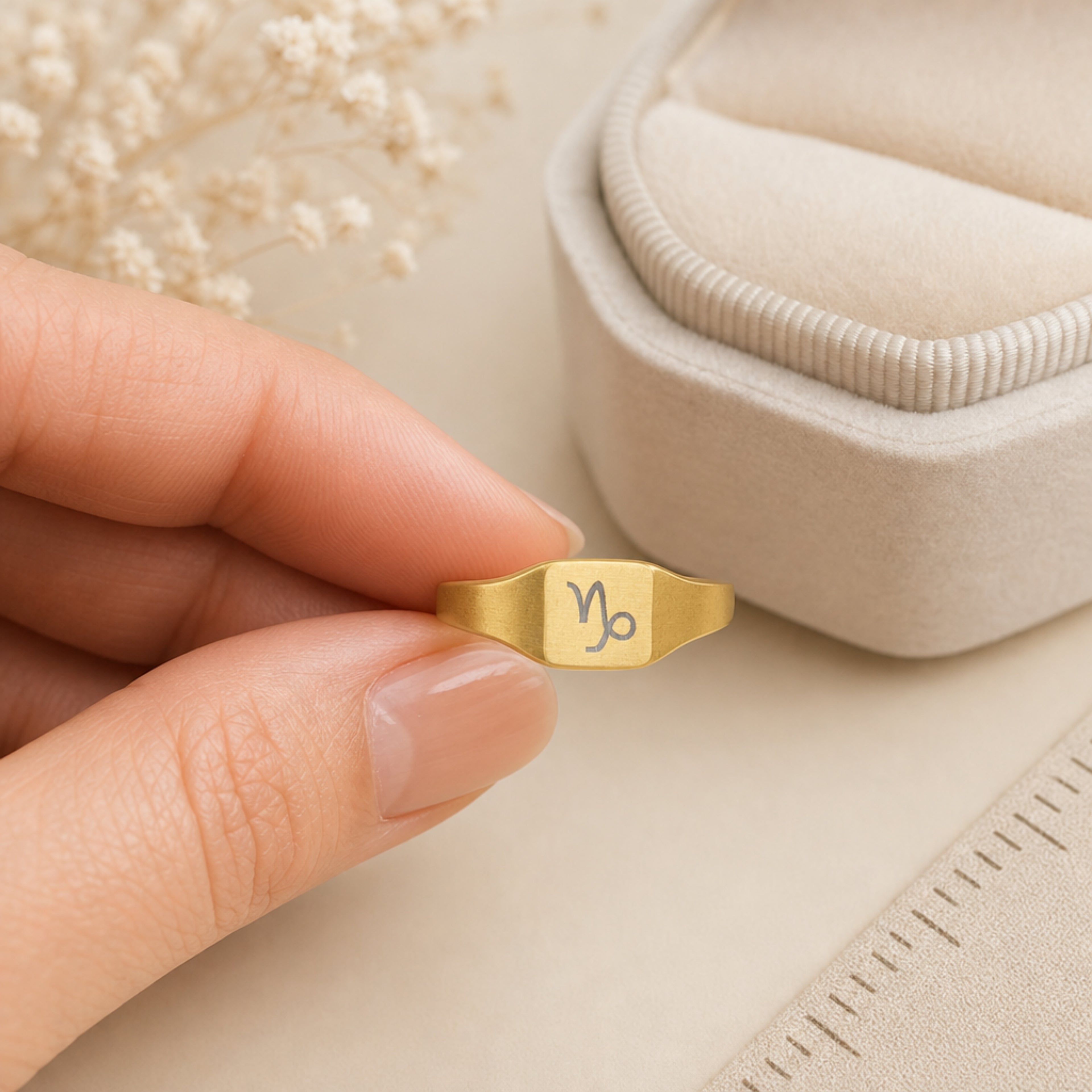 Capricorn zodiac square signet ring scale-in-hand — fingers holding ring next to gift box and ruler, dainty 20mm signet sizing