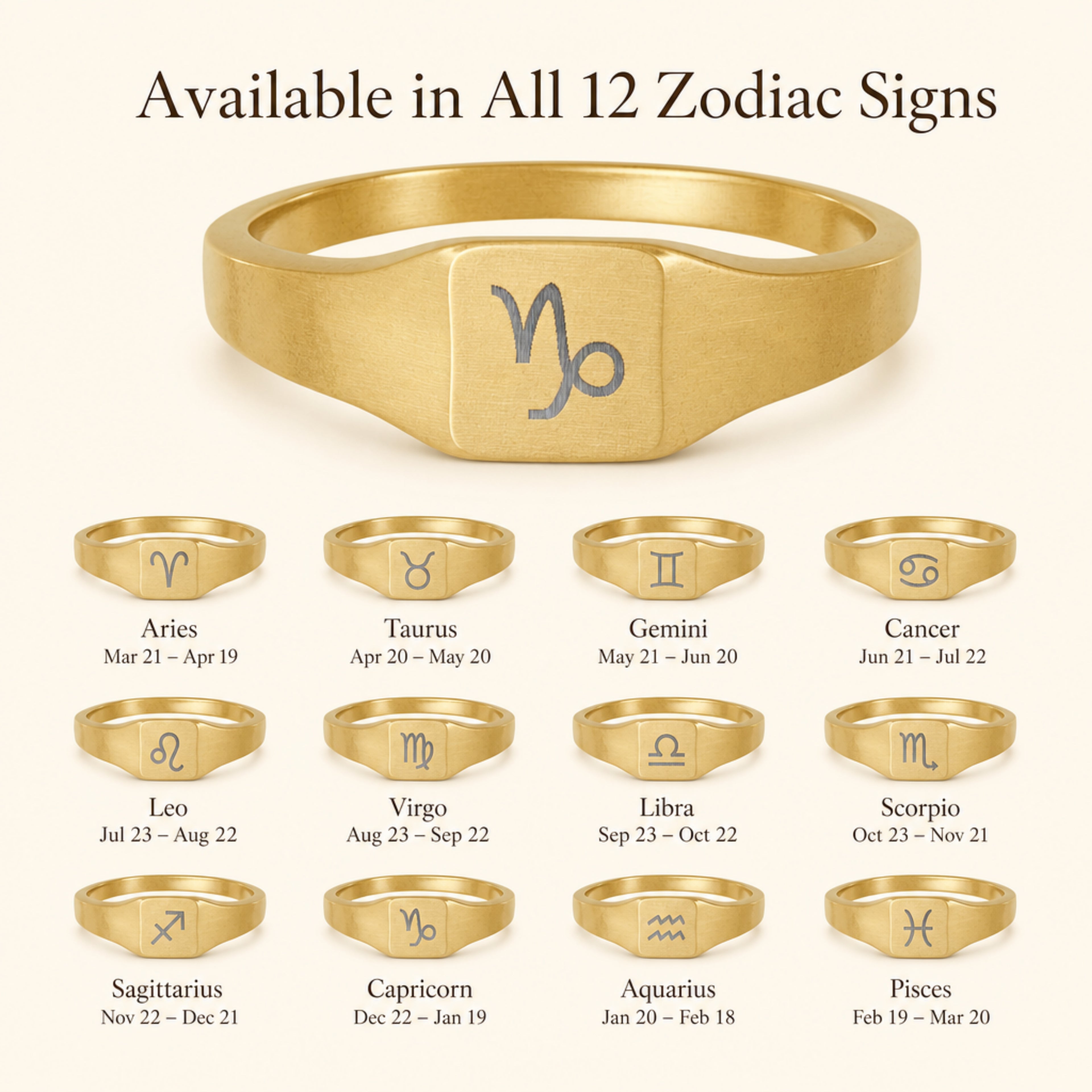 Capricorn zodiac square signet ring — available in all 12 zodiac signs, variant grid with date ranges