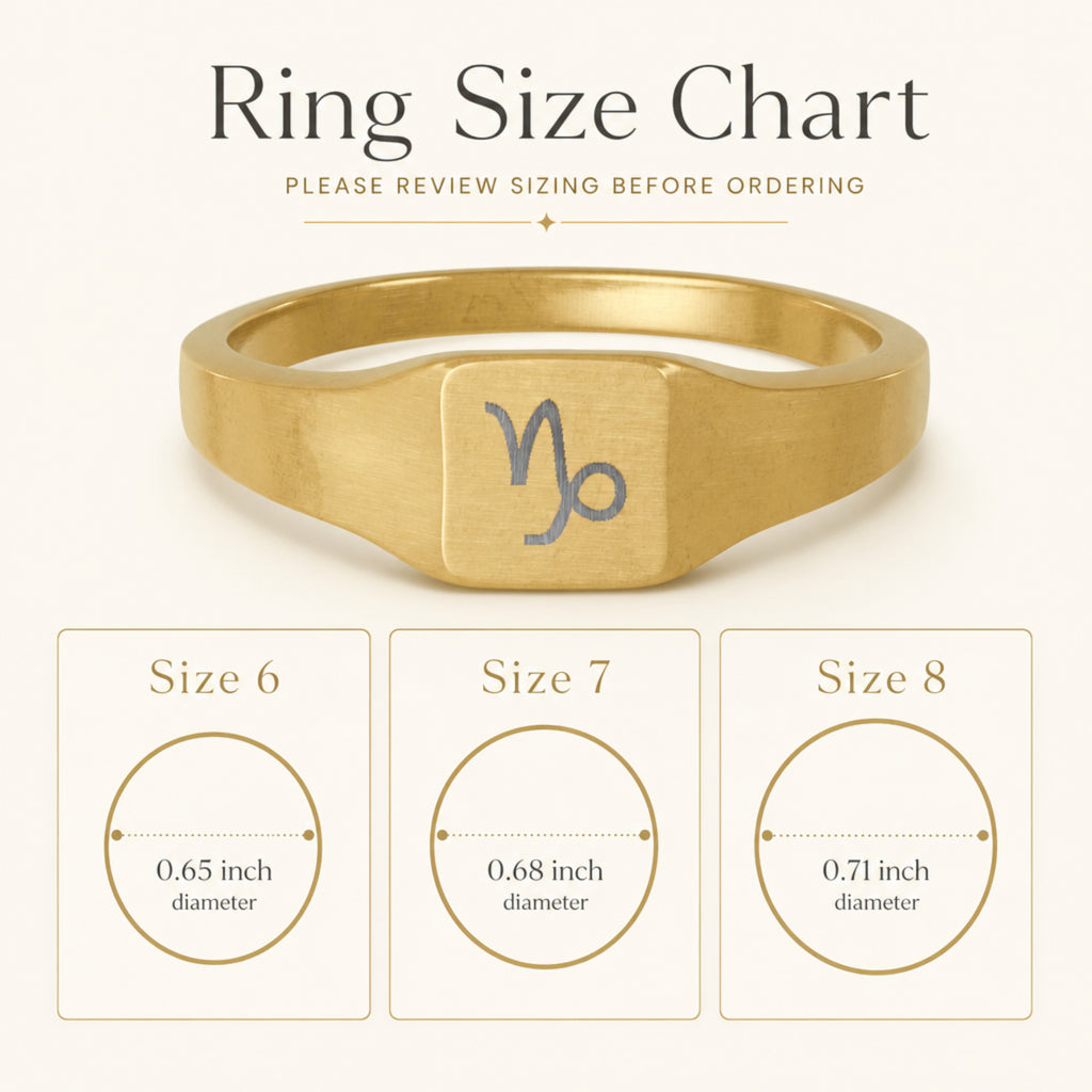 Capricorn zodiac square signet ring size chart — sizes 6, 7, 8 with 0.65/0.68/0.71 inch diameter reference