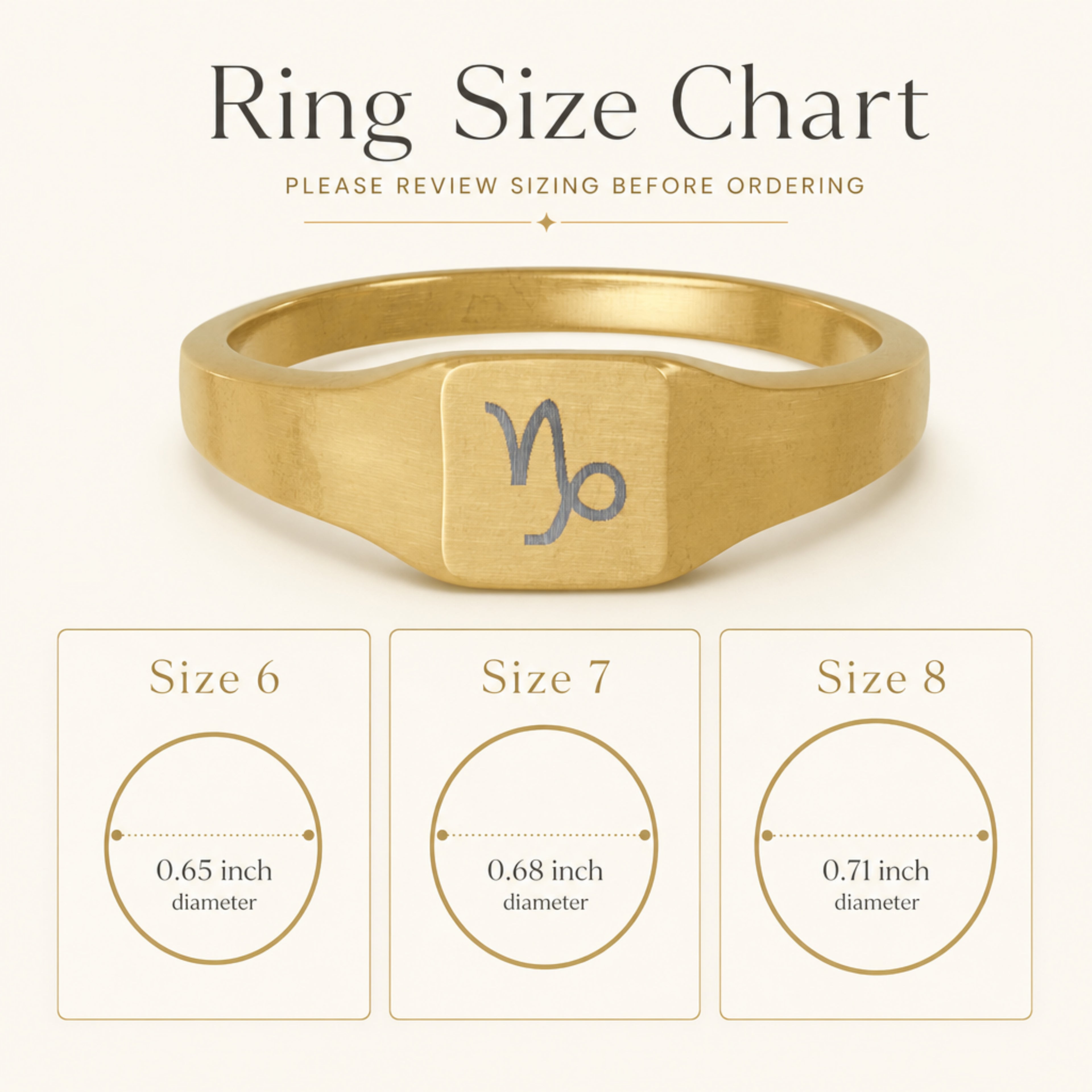 Capricorn zodiac square signet ring size chart — sizes 6, 7, 8 with 0.65/0.68/0.71 inch diameter reference