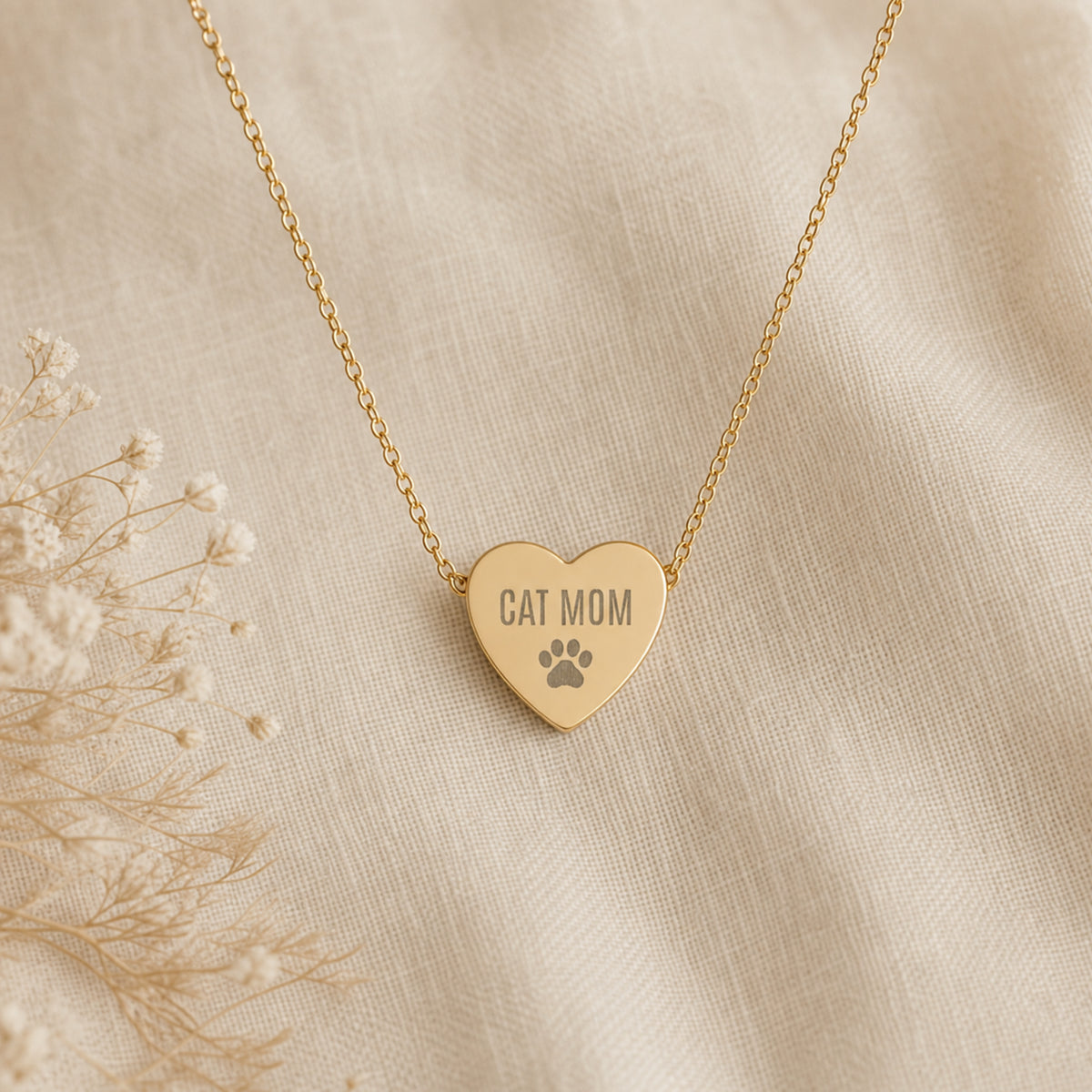 Memory That Lasts cat mom necklace, Gold finish, closeup with baby's-breath