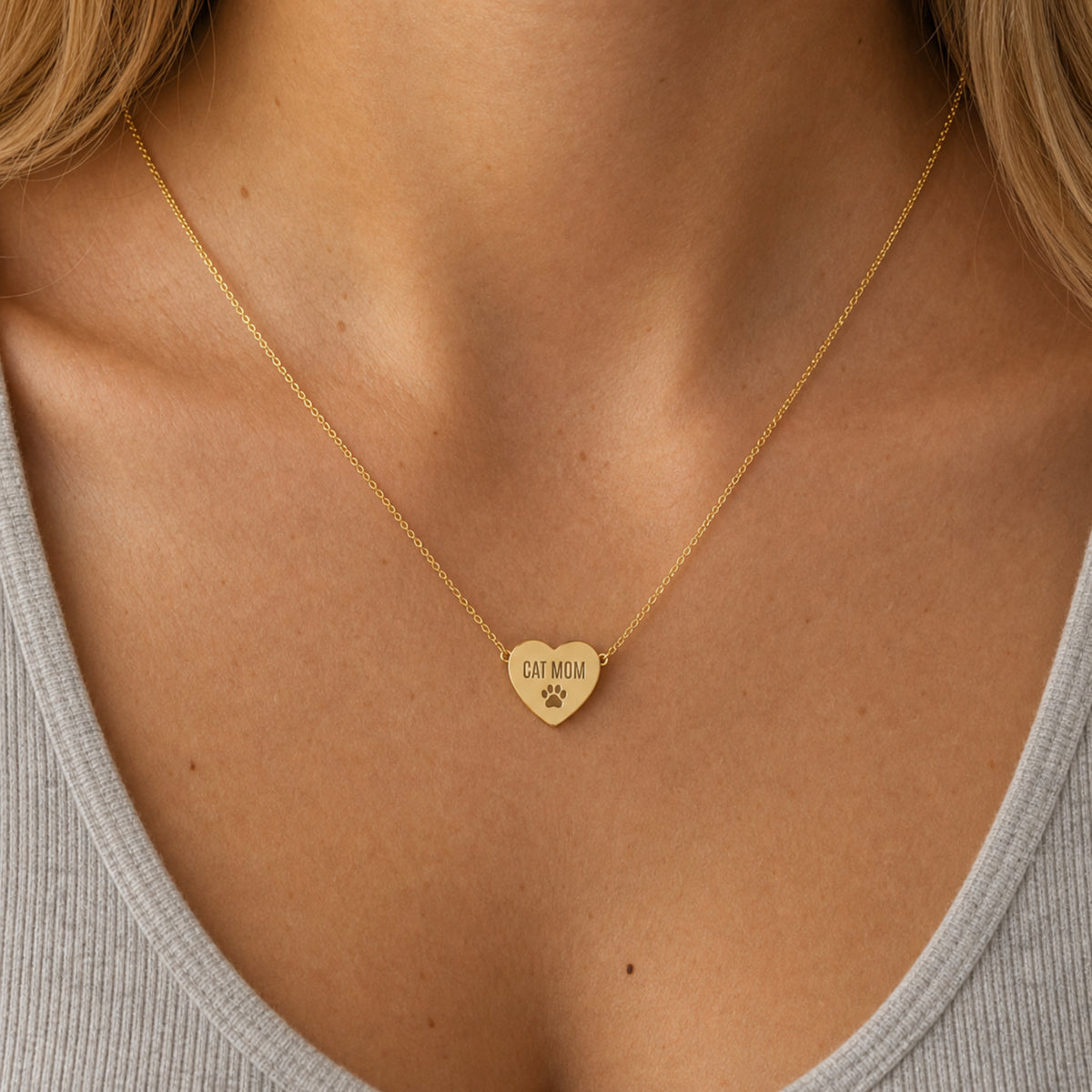 Memory That Lasts cat mom necklace, Gold finish, worn lifestyle on model