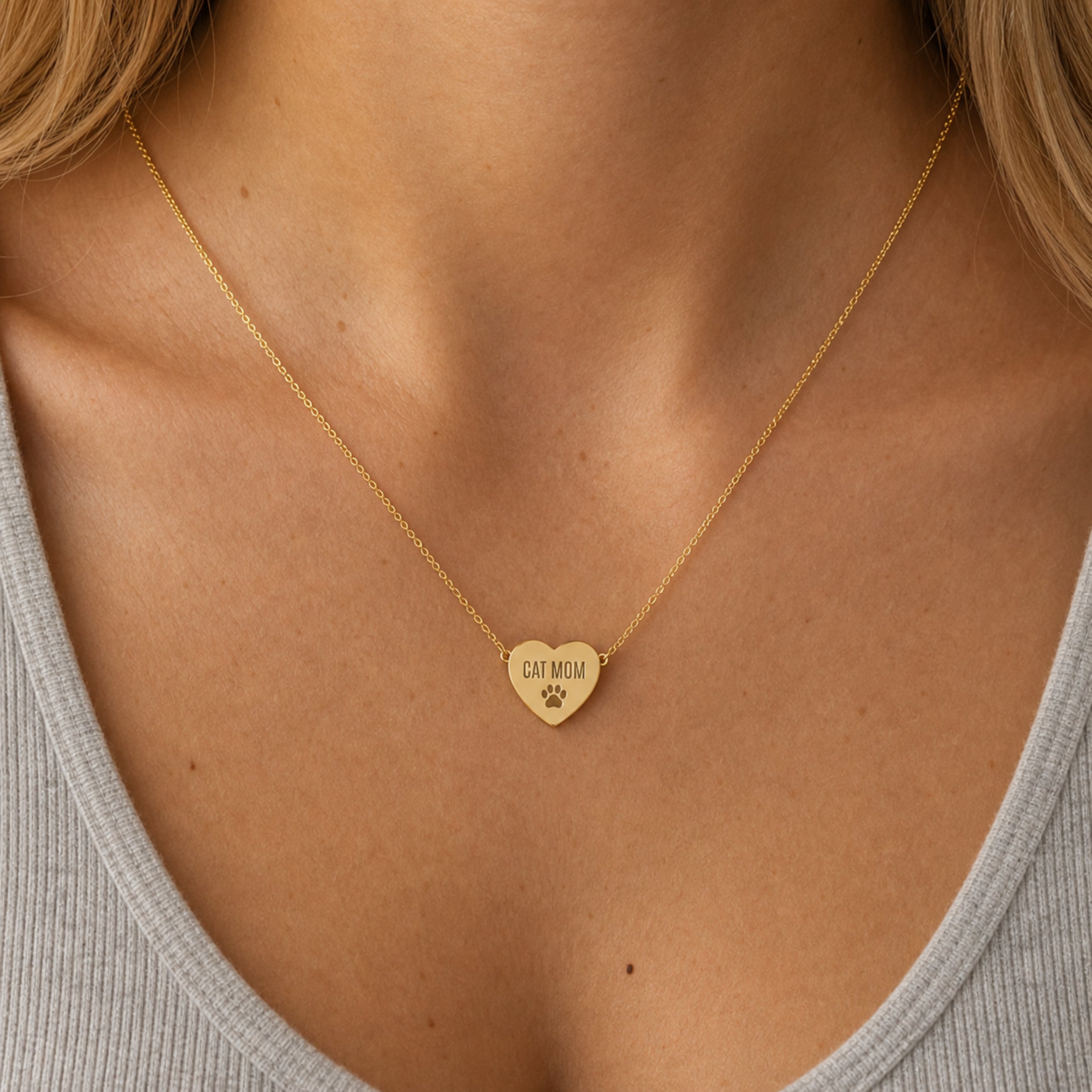 Memory That Lasts cat mom necklace, Gold finish, worn lifestyle on model