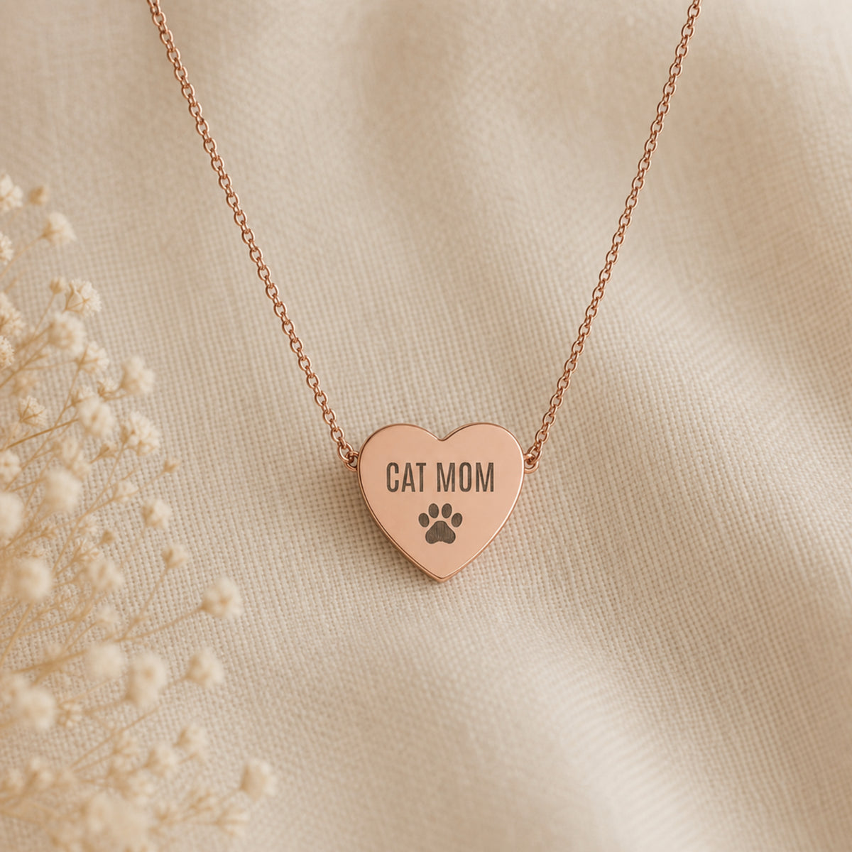 Memory That Lasts cat mom necklace, Rose Gold finish, closeup with baby's-breath