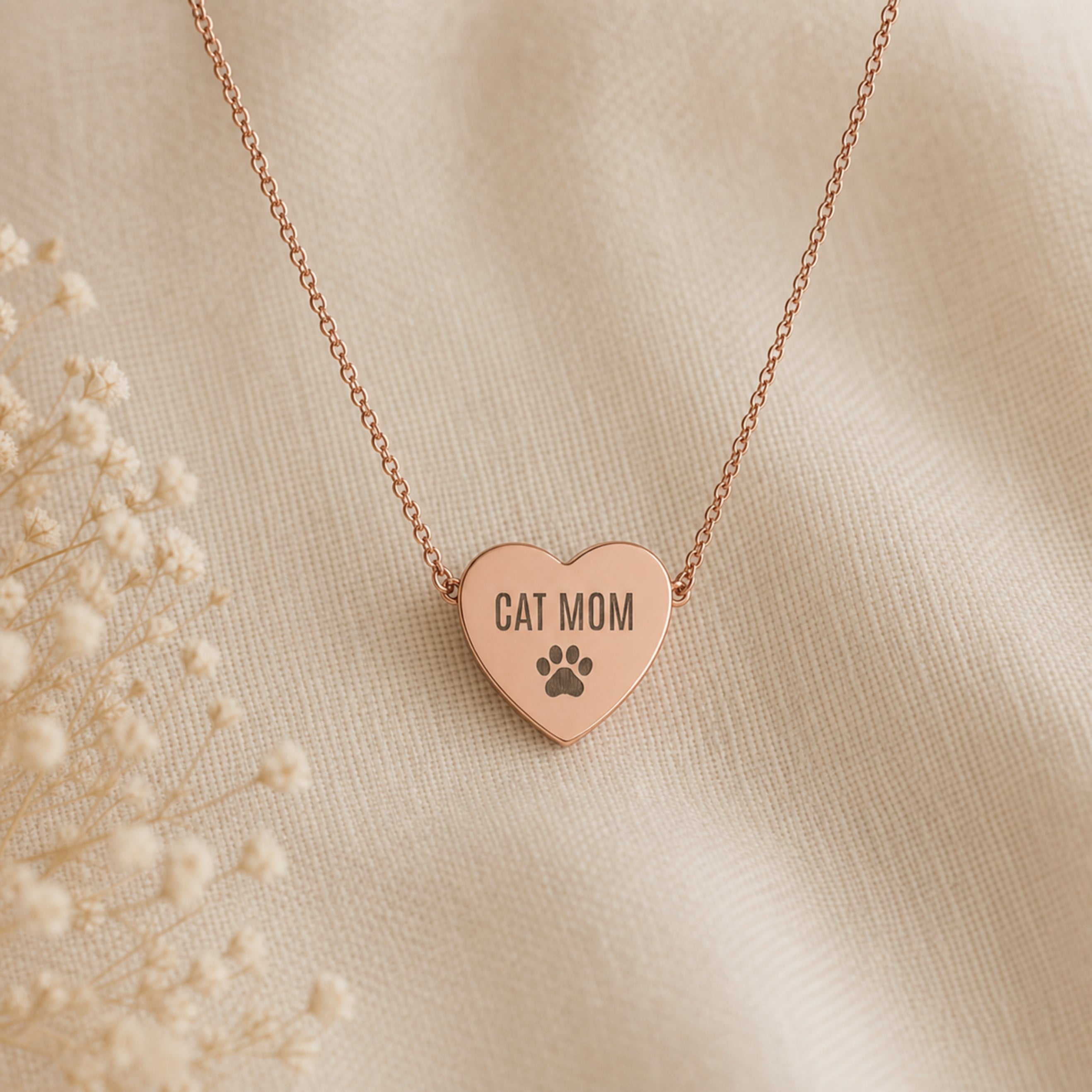 Memory That Lasts cat mom necklace, Rose Gold finish, closeup with baby's-breath