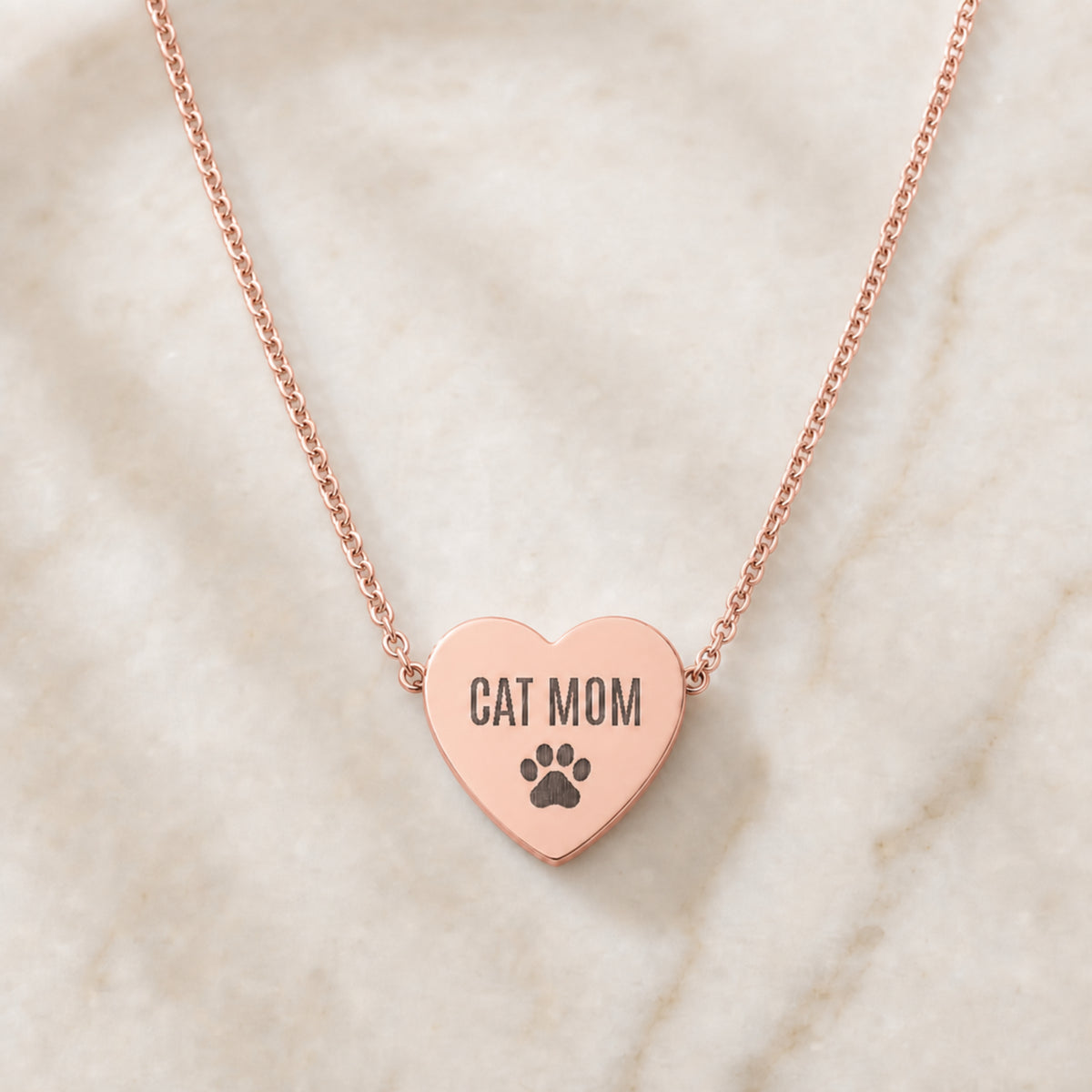 Memory That Lasts cat mom necklace, Rose Gold finish, closeup light