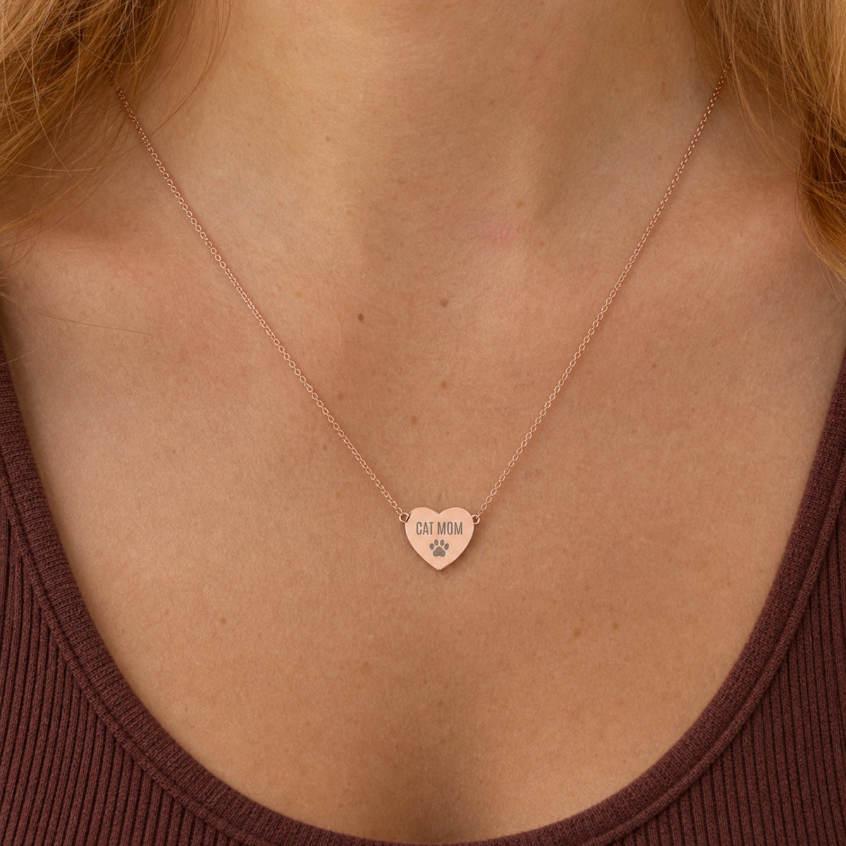 Memory That Lasts cat mom necklace, Rose Gold finish, worn lifestyle on model