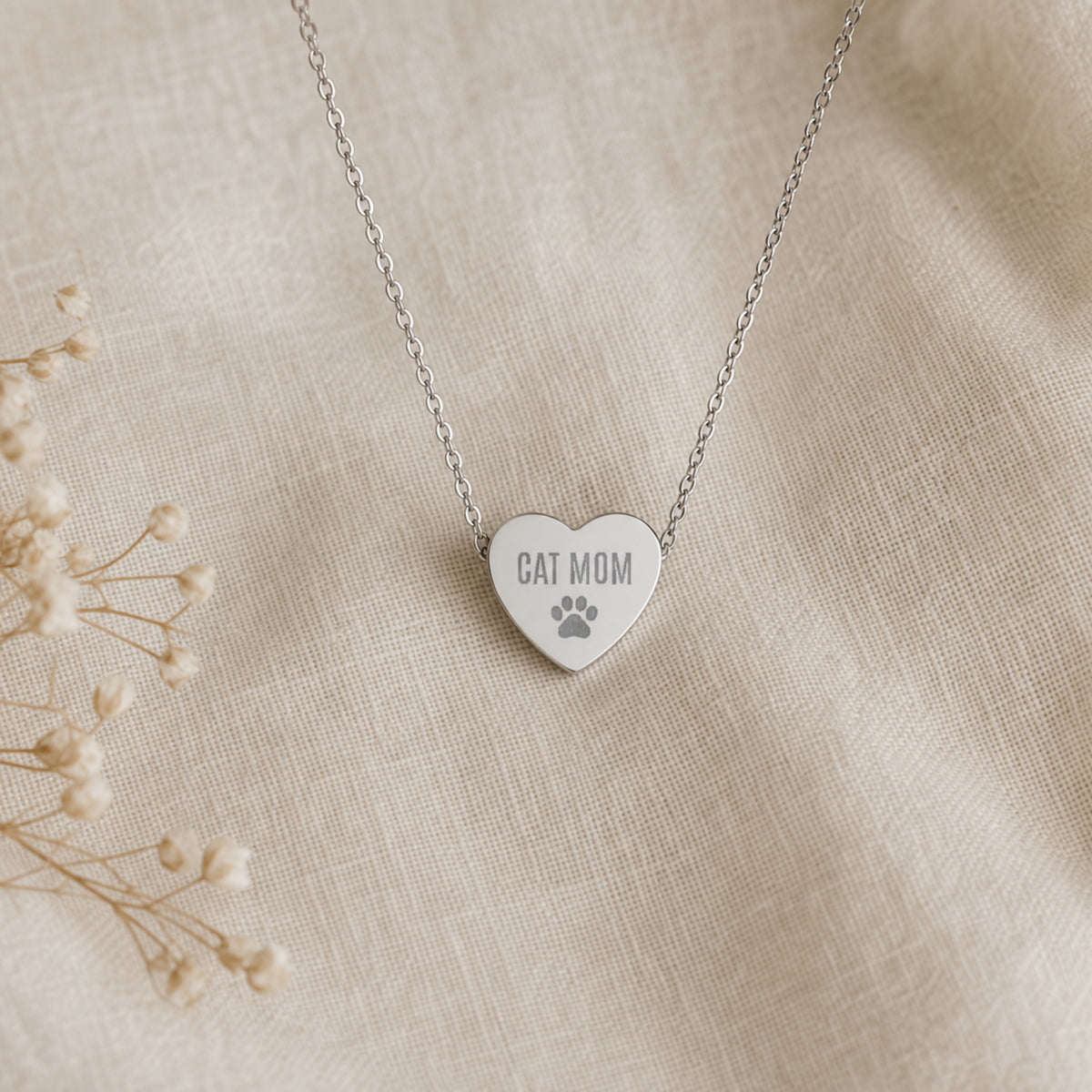Memory That Lasts cat mom necklace, Stainless Steel finish, closeup with baby's-breath