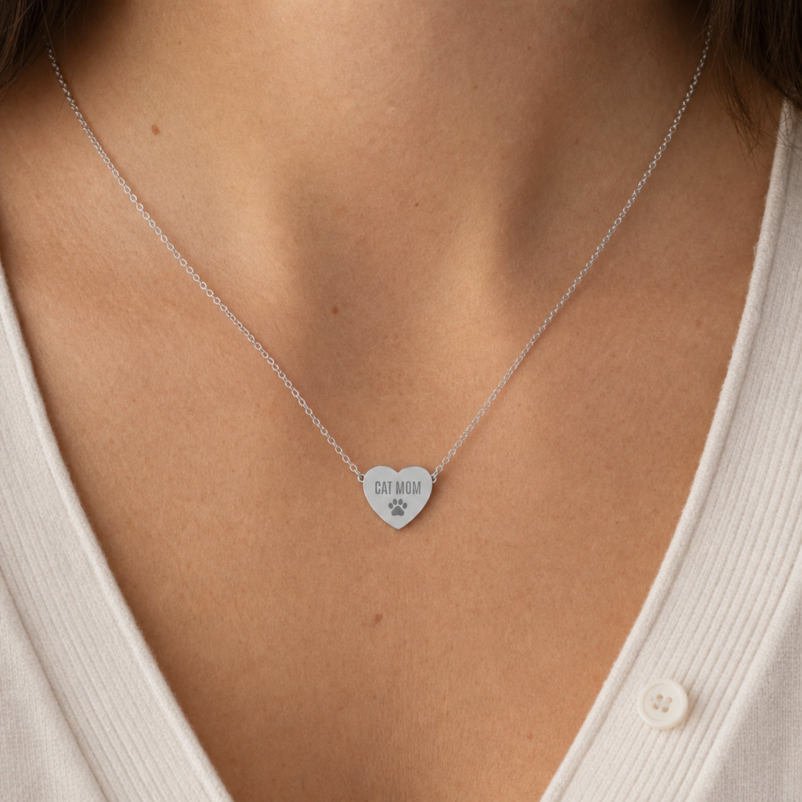 Memory That Lasts cat mom necklace, Stainless Steel finish, worn lifestyle on model