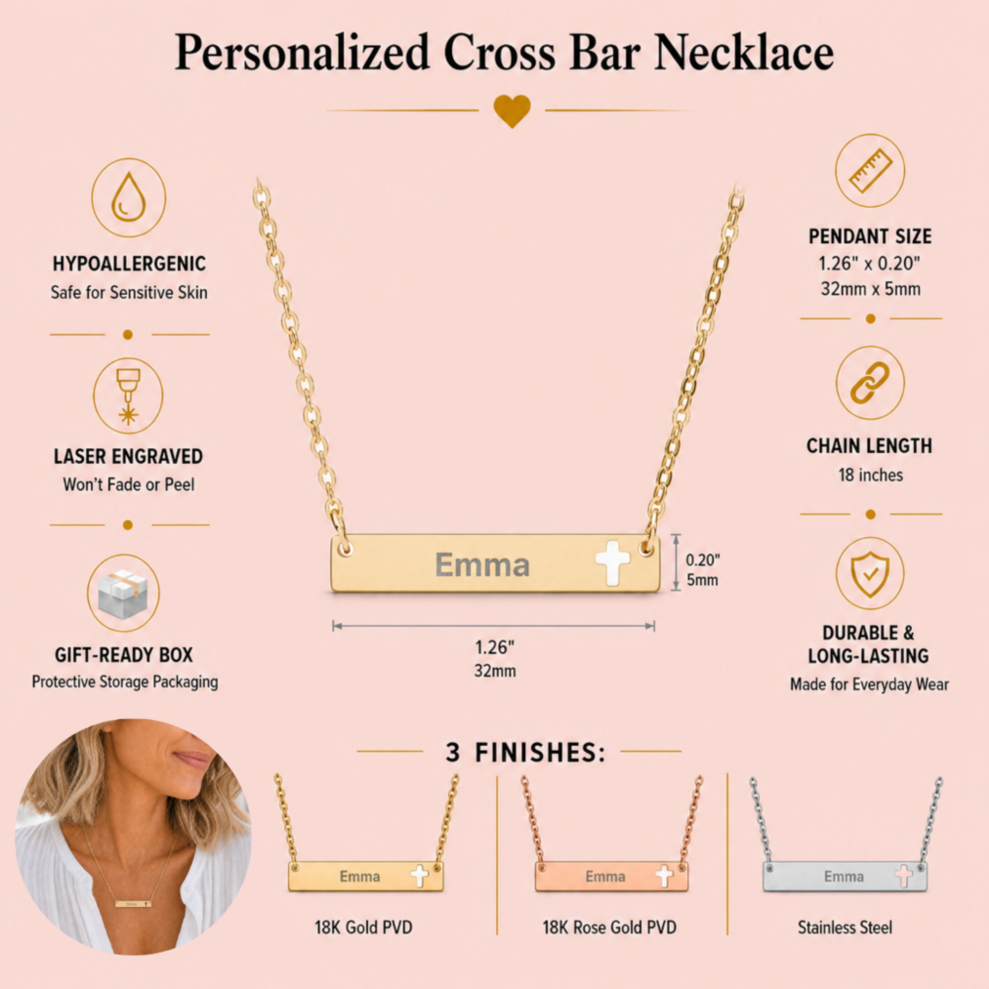 Memory That Lasts personalized cross bar necklace, detail and specifications