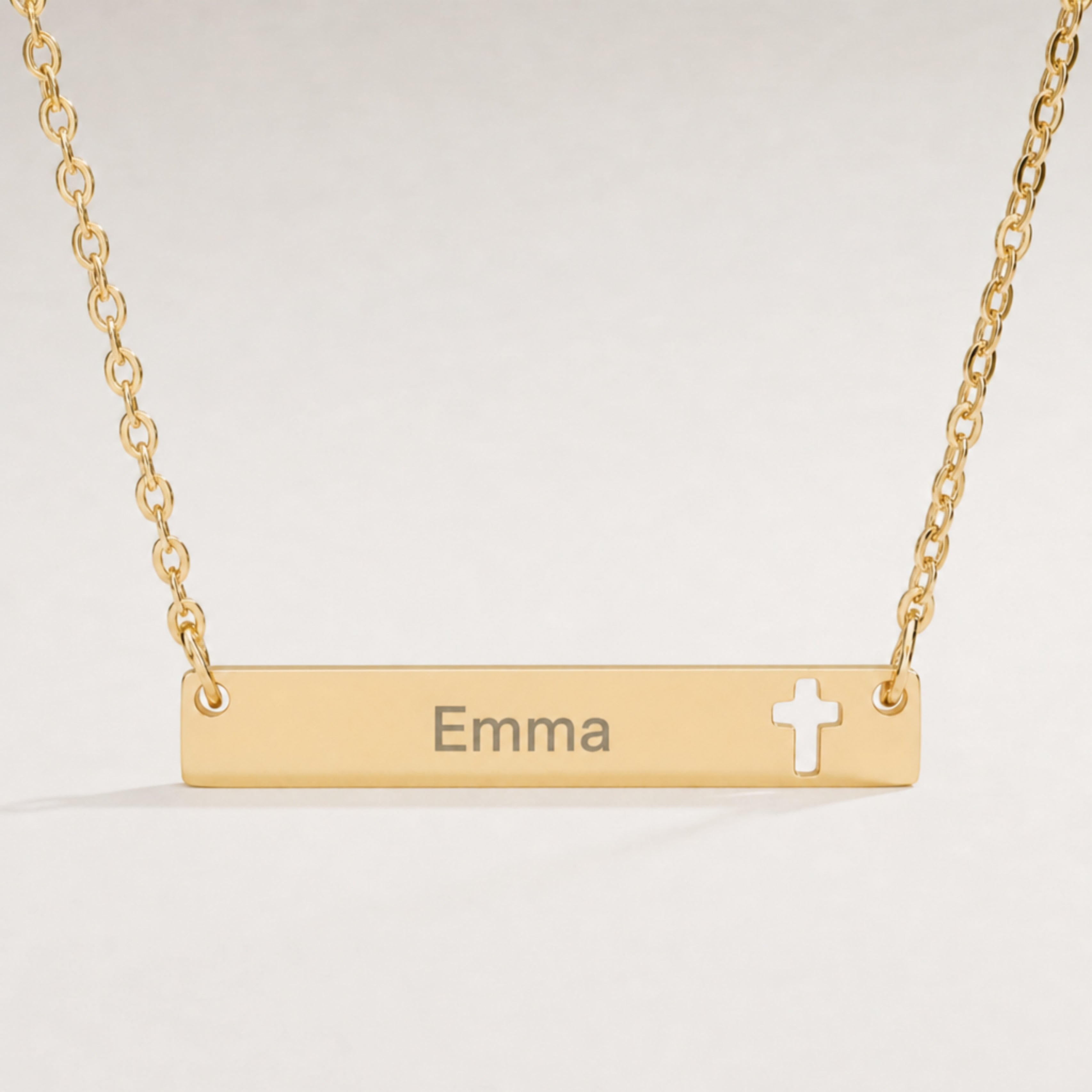 Memory That Lasts personalized cross bar necklace, gold finish, engraved name closeup