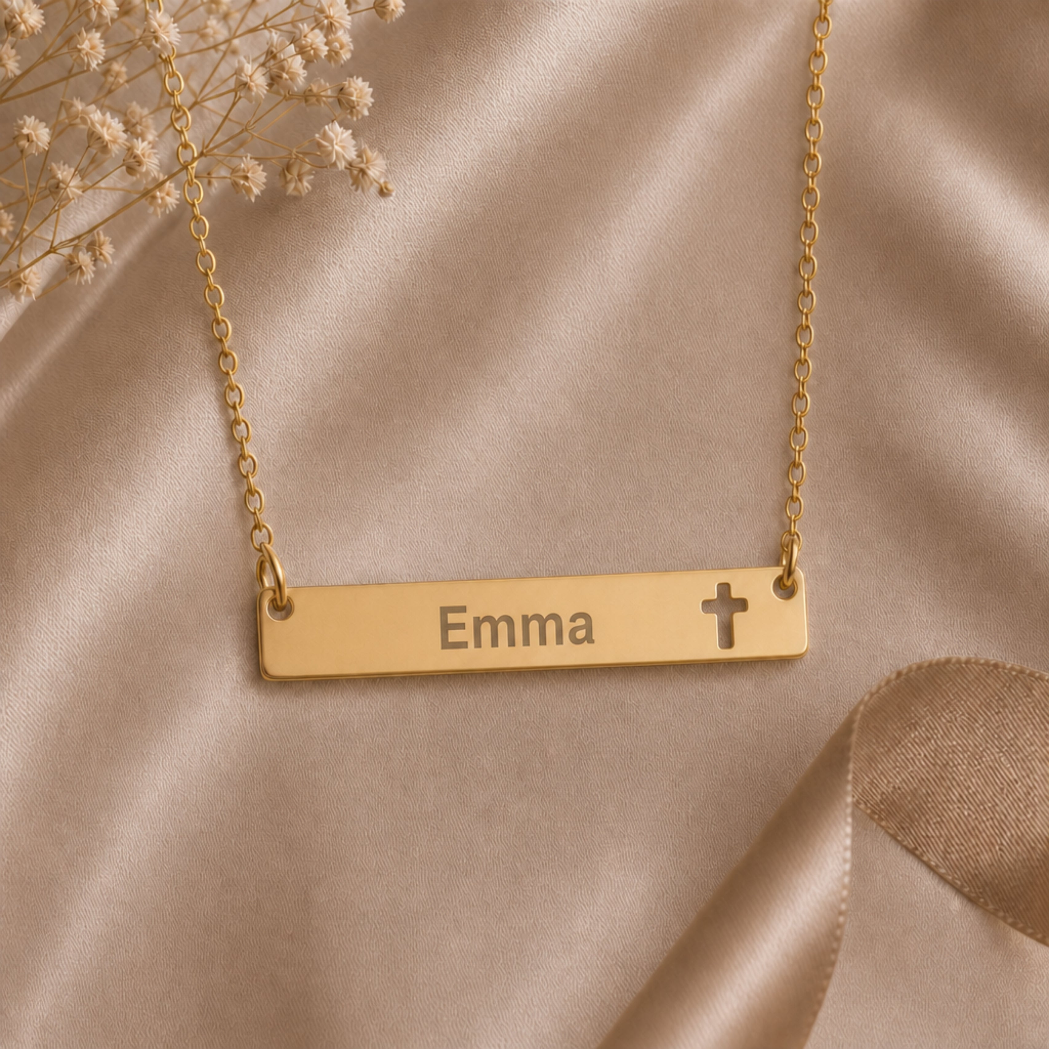 Memory That Lasts personalized cross bar necklace, gold finish, flatlay