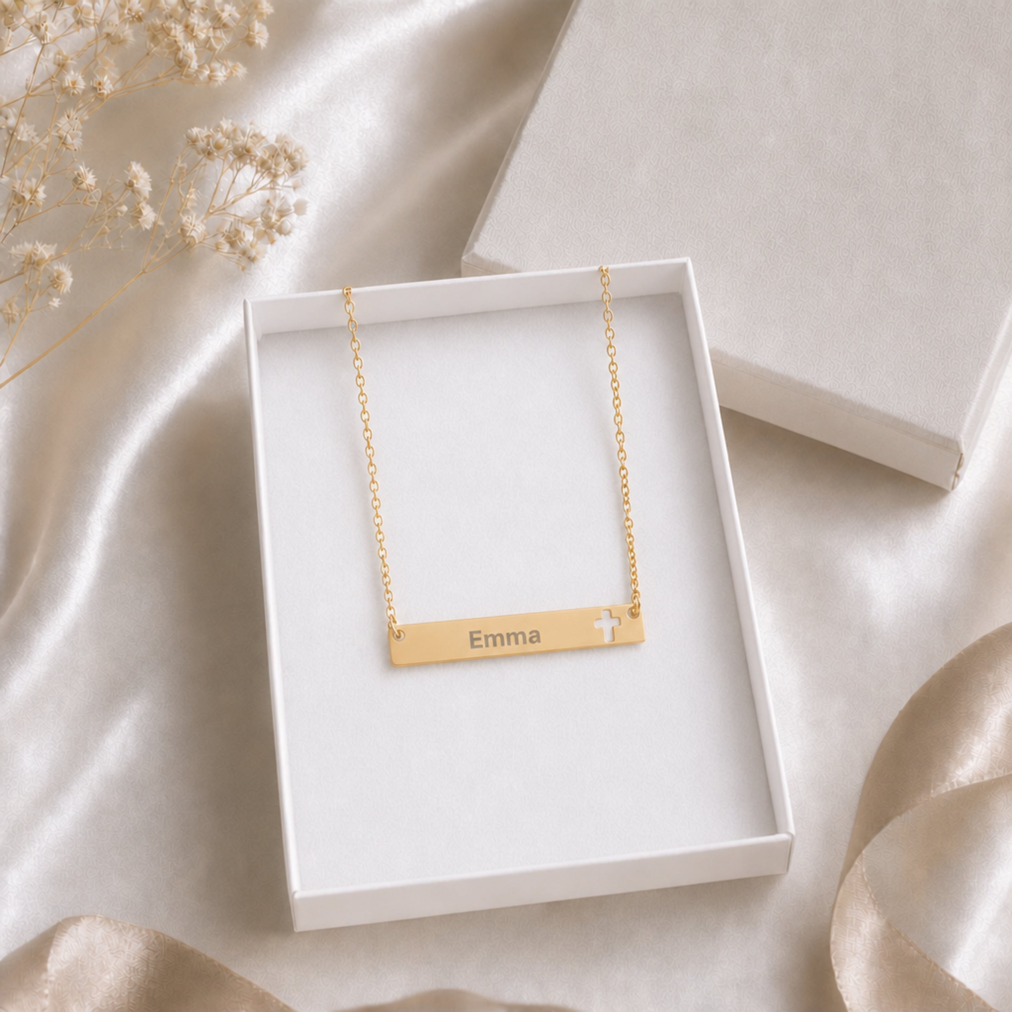 Memory That Lasts personalized cross bar necklace, gold finish, gift box presentation