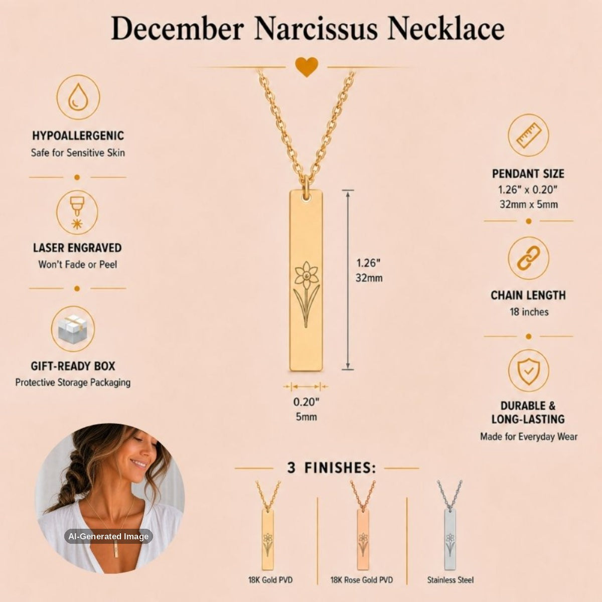 December birth flower necklace — Narcissus vertical bar pendant specs: 1.26" × 0.20" × 0.08" (32 × 5 × 2 mm), 18-inch chain, premium 316L stainless steel