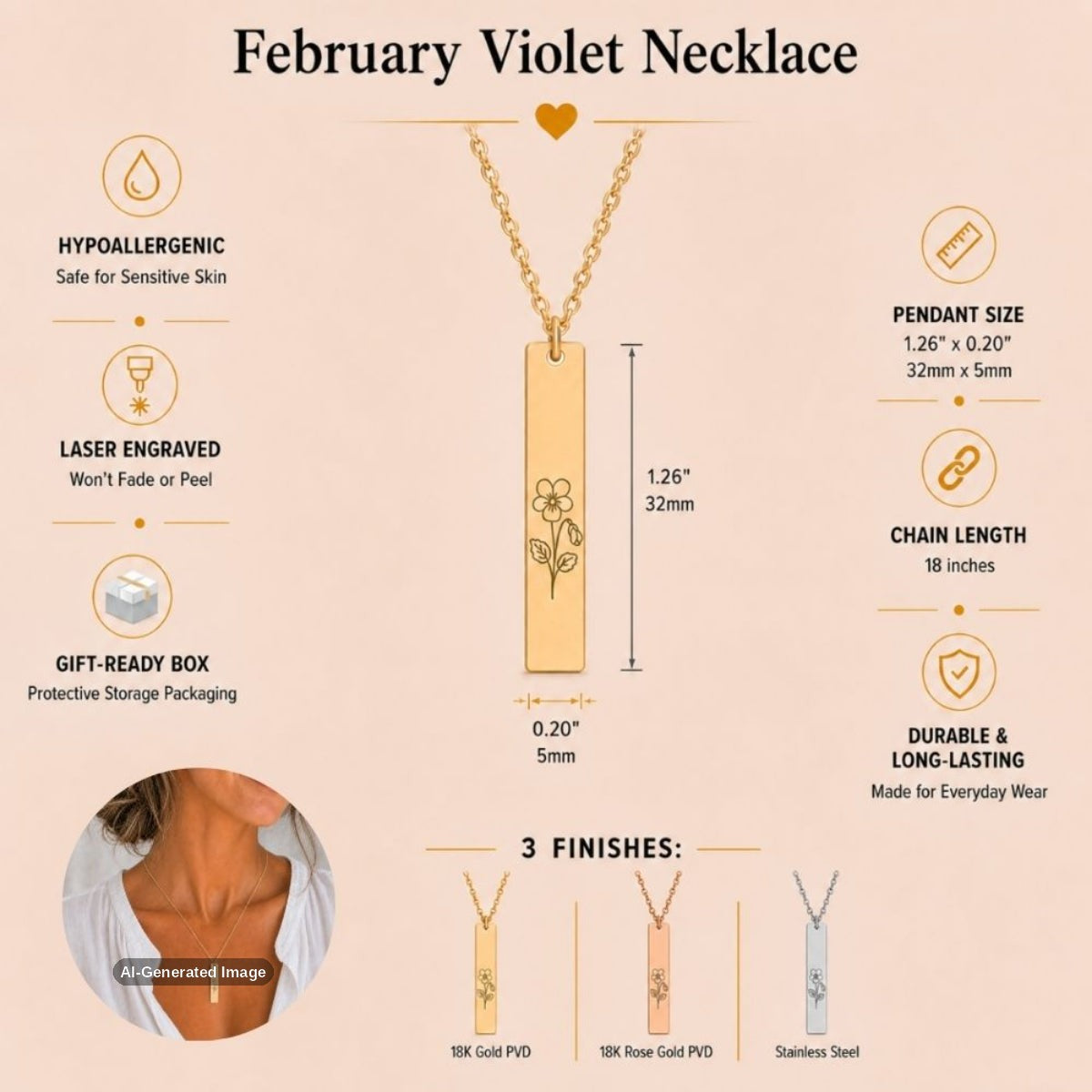 February birth flower necklace — Violet vertical bar pendant specs: 1.26" × 0.20" × 0.08" (32 × 5 × 2 mm), 18-inch chain, premium 316L stainless steel, single top jump ring