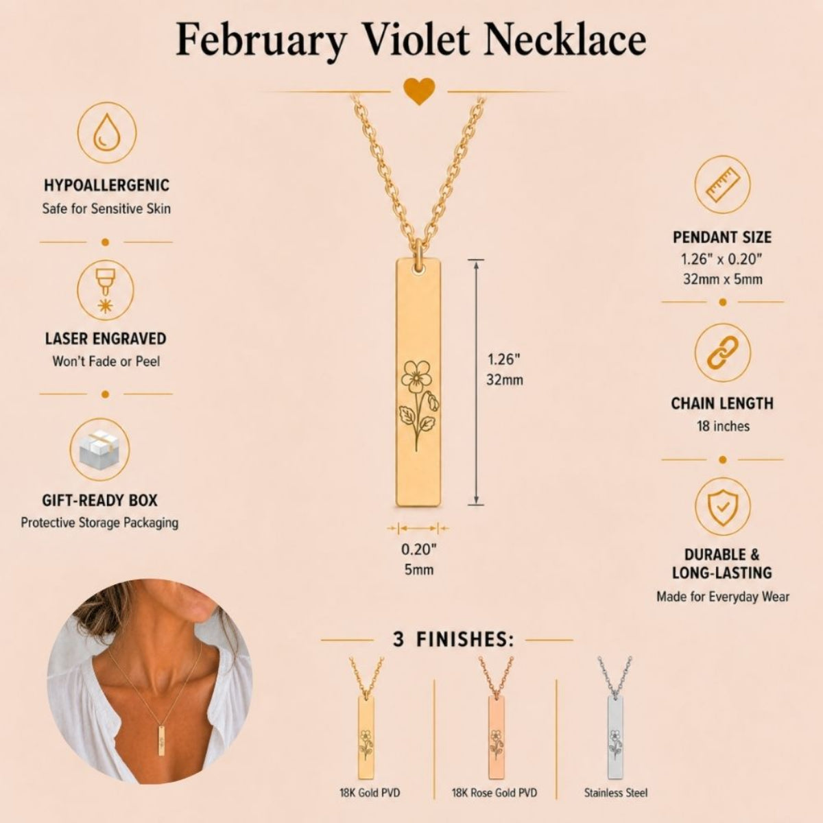 February birth flower necklace — Violet vertical bar pendant specs: 1.26" × 0.20" × 0.08" (32 × 5 × 2 mm), 18-inch chain, premium 316L stainless steel, single top jump ring