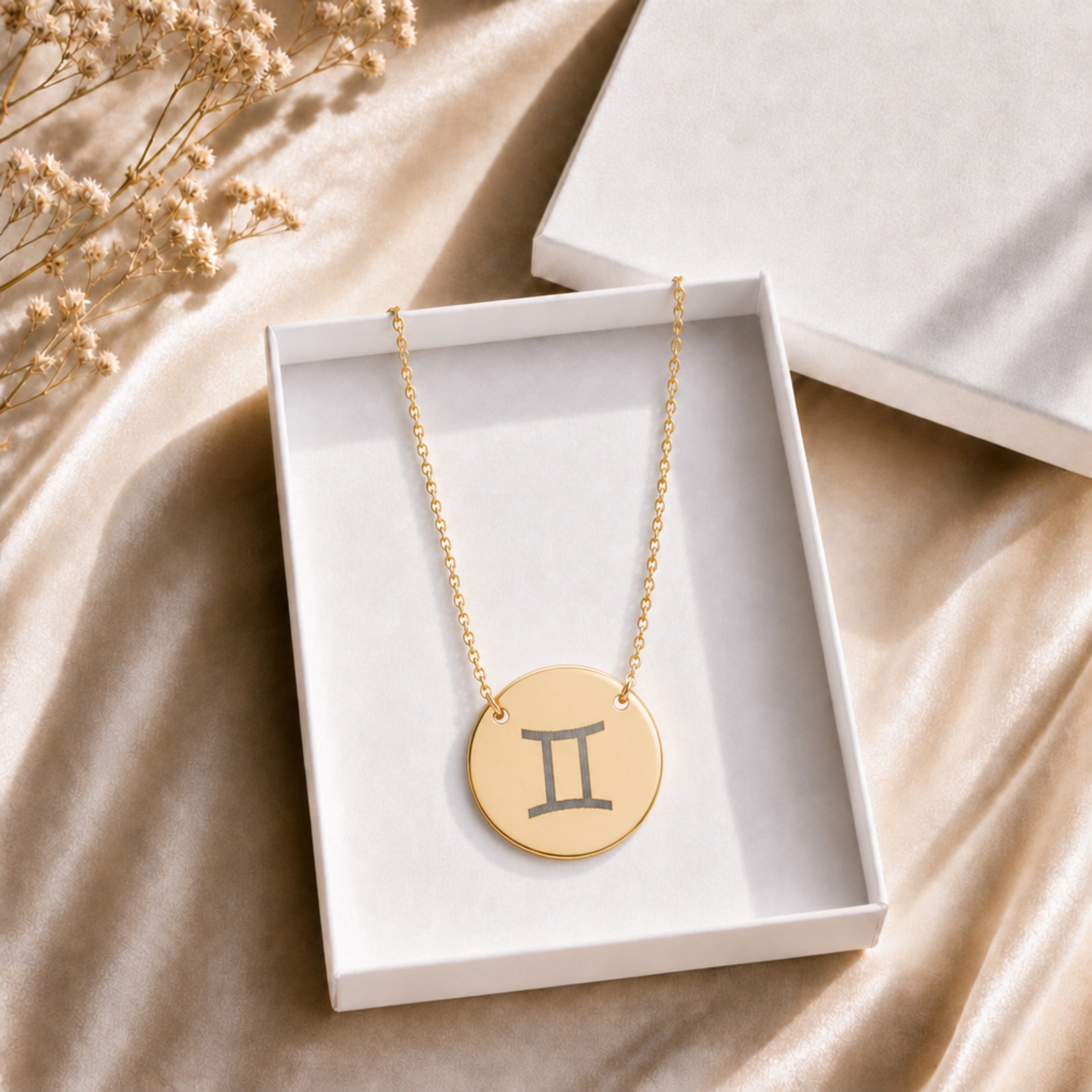 Gemini Coin Gold zodiac necklace in signature gift box — 18K gold Gemini Twins engraved pendant ready to gift, premium packaging for birthday, Mother's Day, anniversary, May June Gemini present