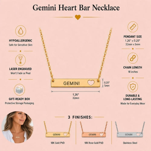 Gemini Zodiac Necklace — Engraved Cutout Heart Bar Pendant
