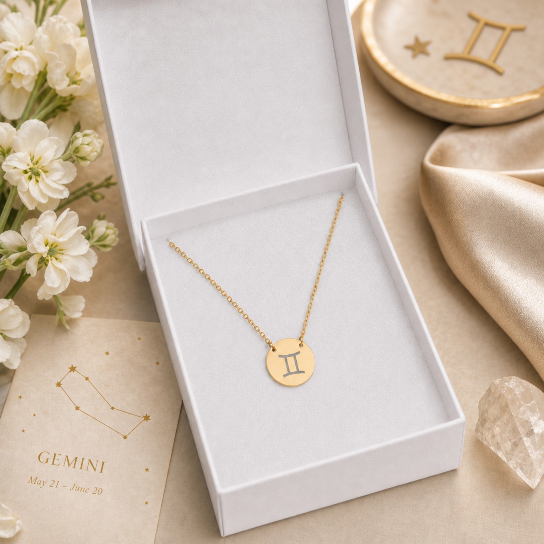 Gemini zodiac coin necklace presented in a luxe gift box — ready to give (AI-generated image). Memory That Lasts.