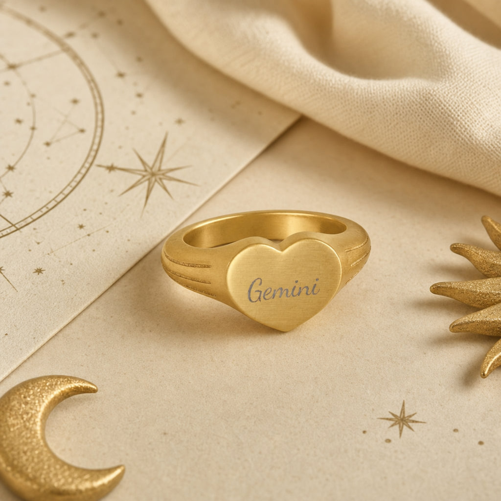 Gemini zodiac heart signet ring celestial flatlay — zodiac chart and brass star with engraved Gemini heart signet, astrology gift styling