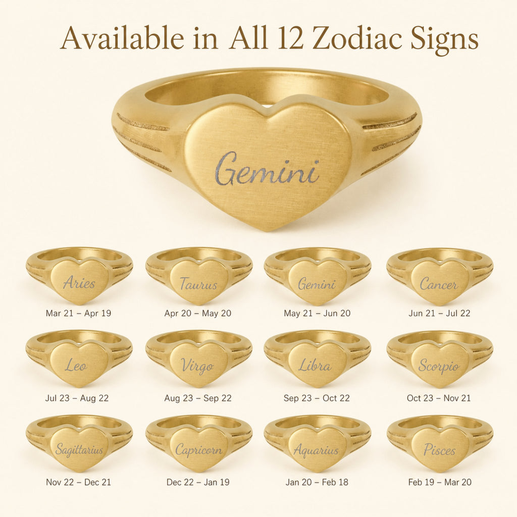 Gemini zodiac heart signet ring — available in all 12 zodiac signs, variant grid with date ranges