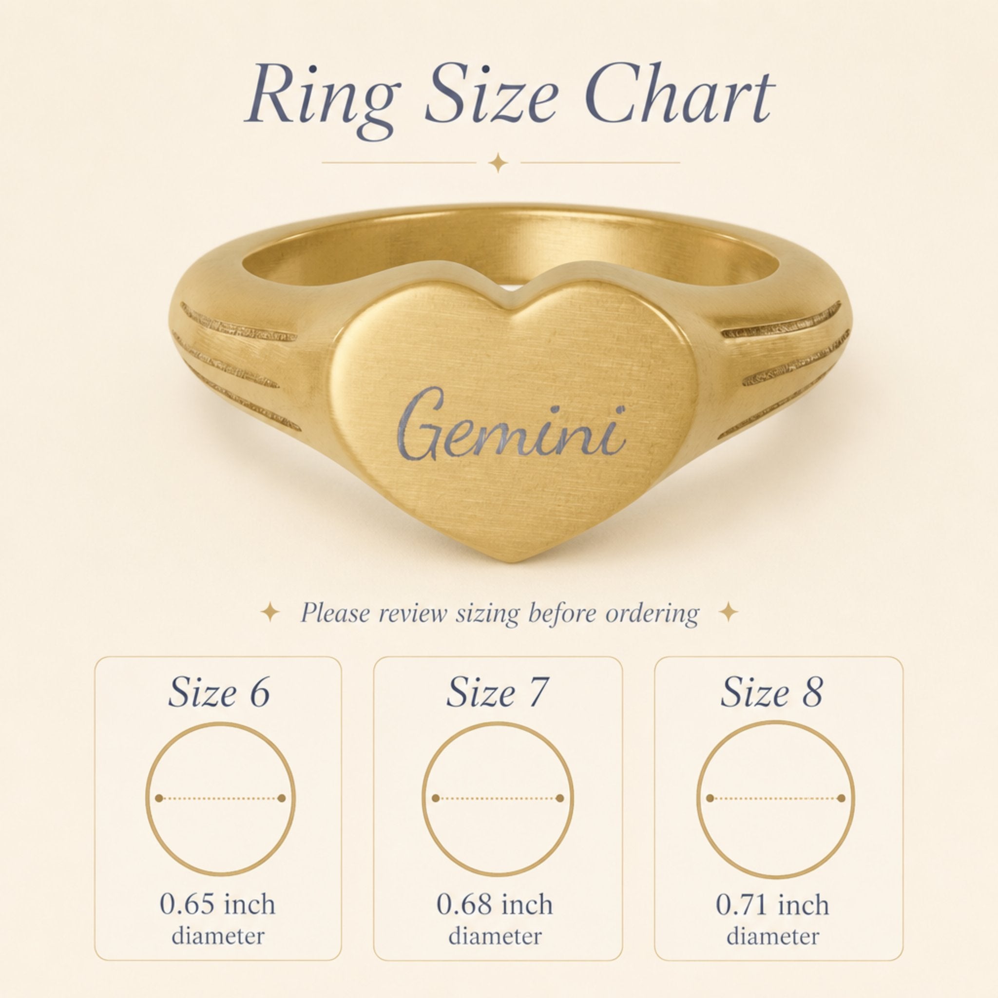 Gemini zodiac heart signet ring size chart — sizes 6, 7, 8 with 0.65/0.68/0.71 inch diameter reference