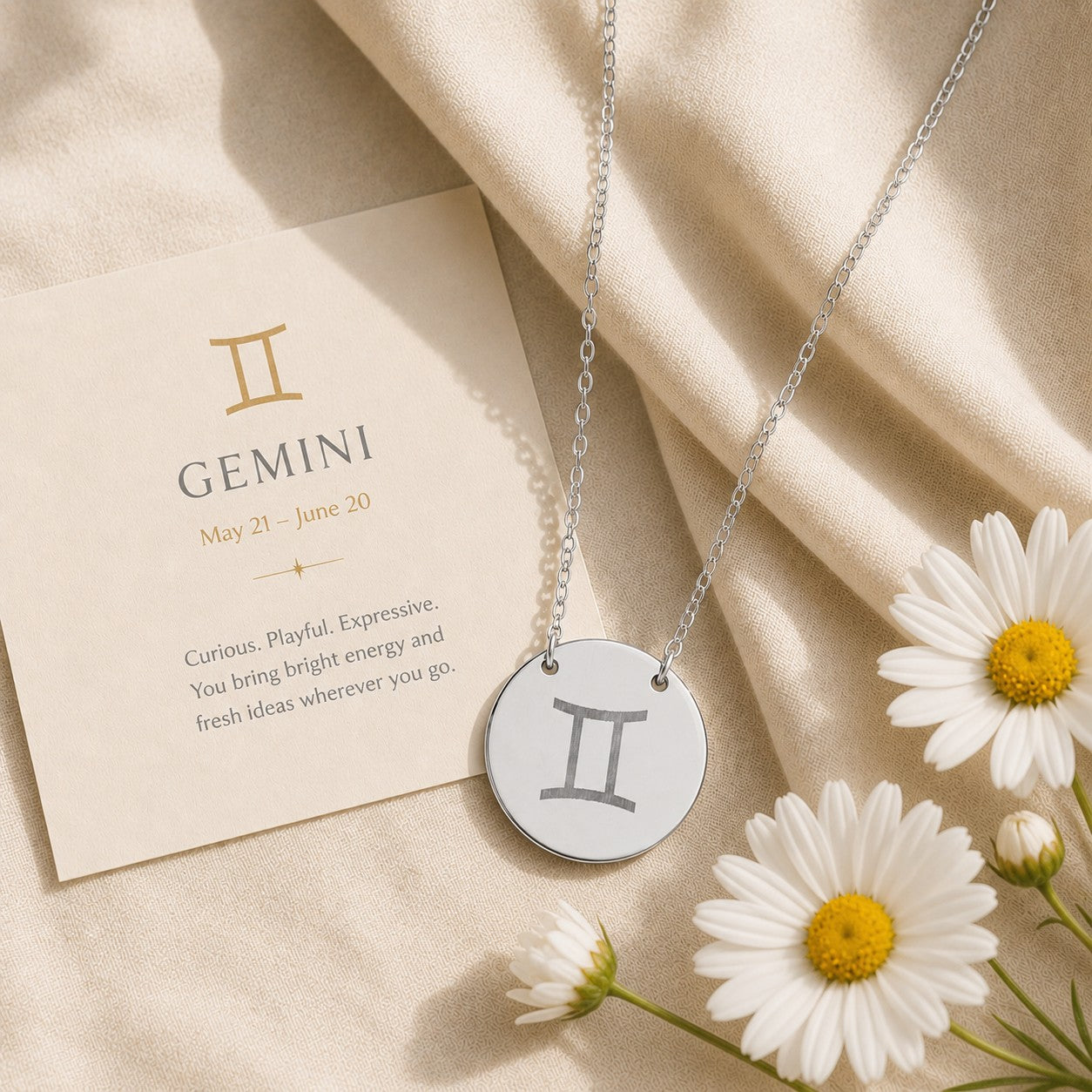 Gemini zodiac coin necklace — engraved star sign pendant. Memory That Lasts.
