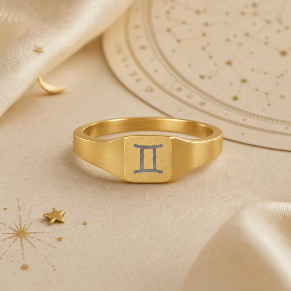 Gemini zodiac square signet ring celestial flatlay — zodiac chart and brass star with engraved Gemini signet, astrology gift styling