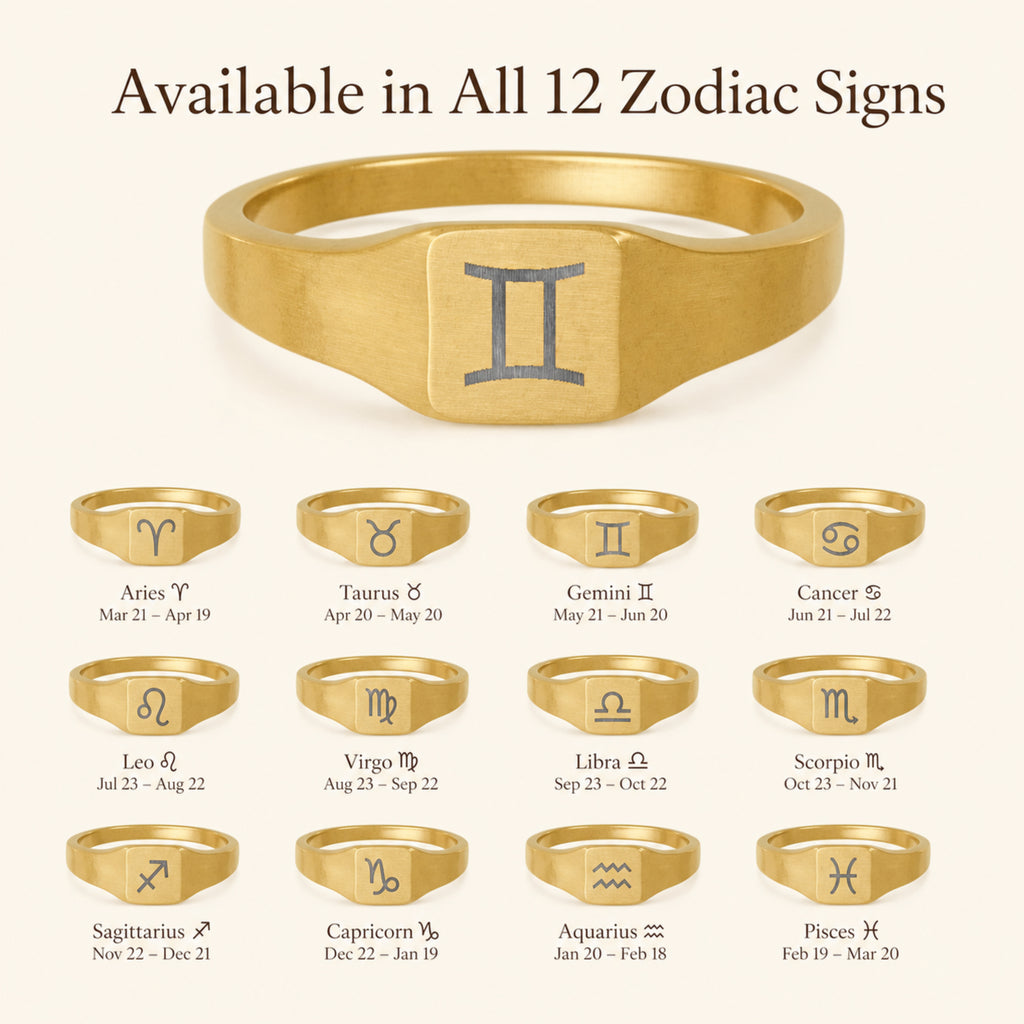 Gemini zodiac square signet ring — available in all 12 zodiac signs, variant grid with date ranges