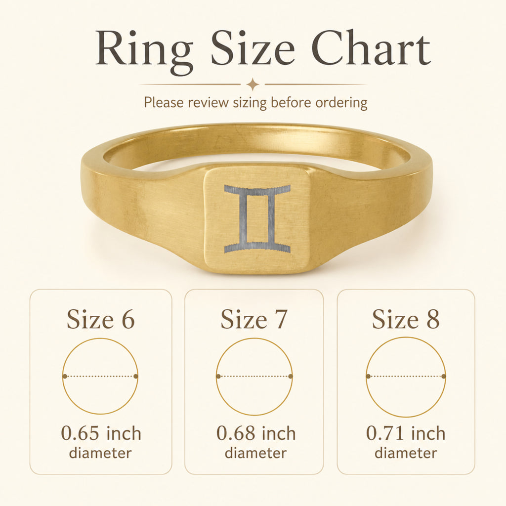 Gemini zodiac square signet ring size chart — sizes 6, 7, 8 with 0.65/0.68/0.71 inch diameter reference