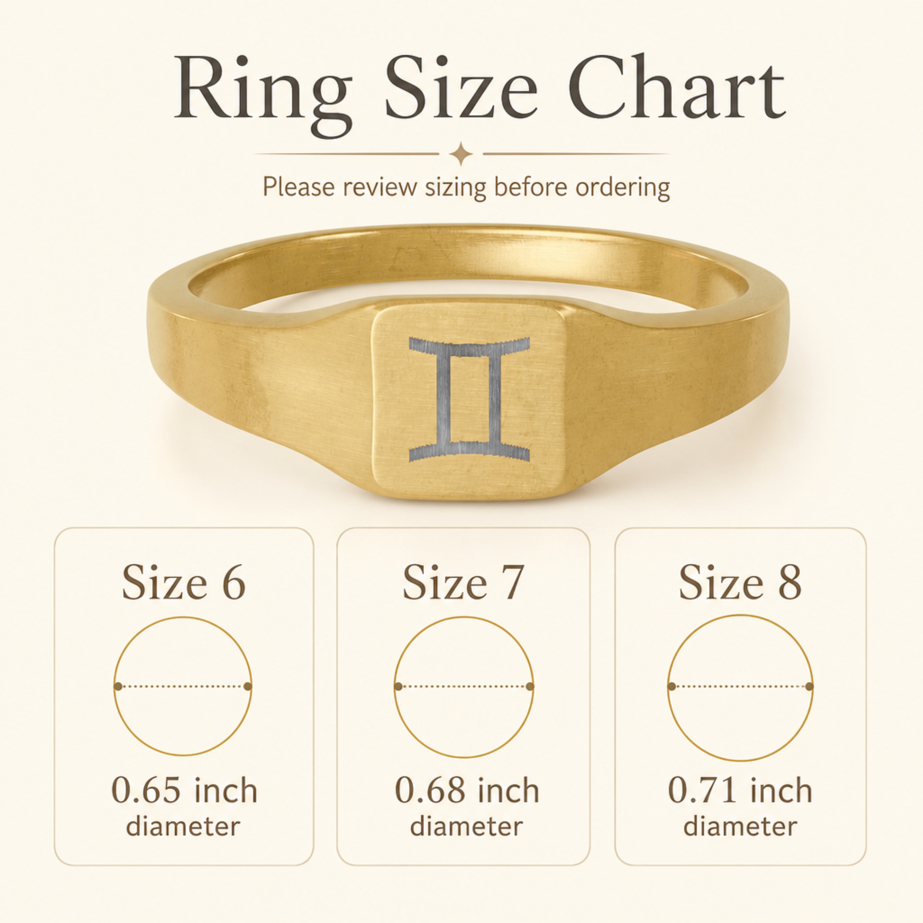 Gemini zodiac square signet ring size chart — sizes 6, 7, 8 with 0.65/0.68/0.71 inch diameter reference