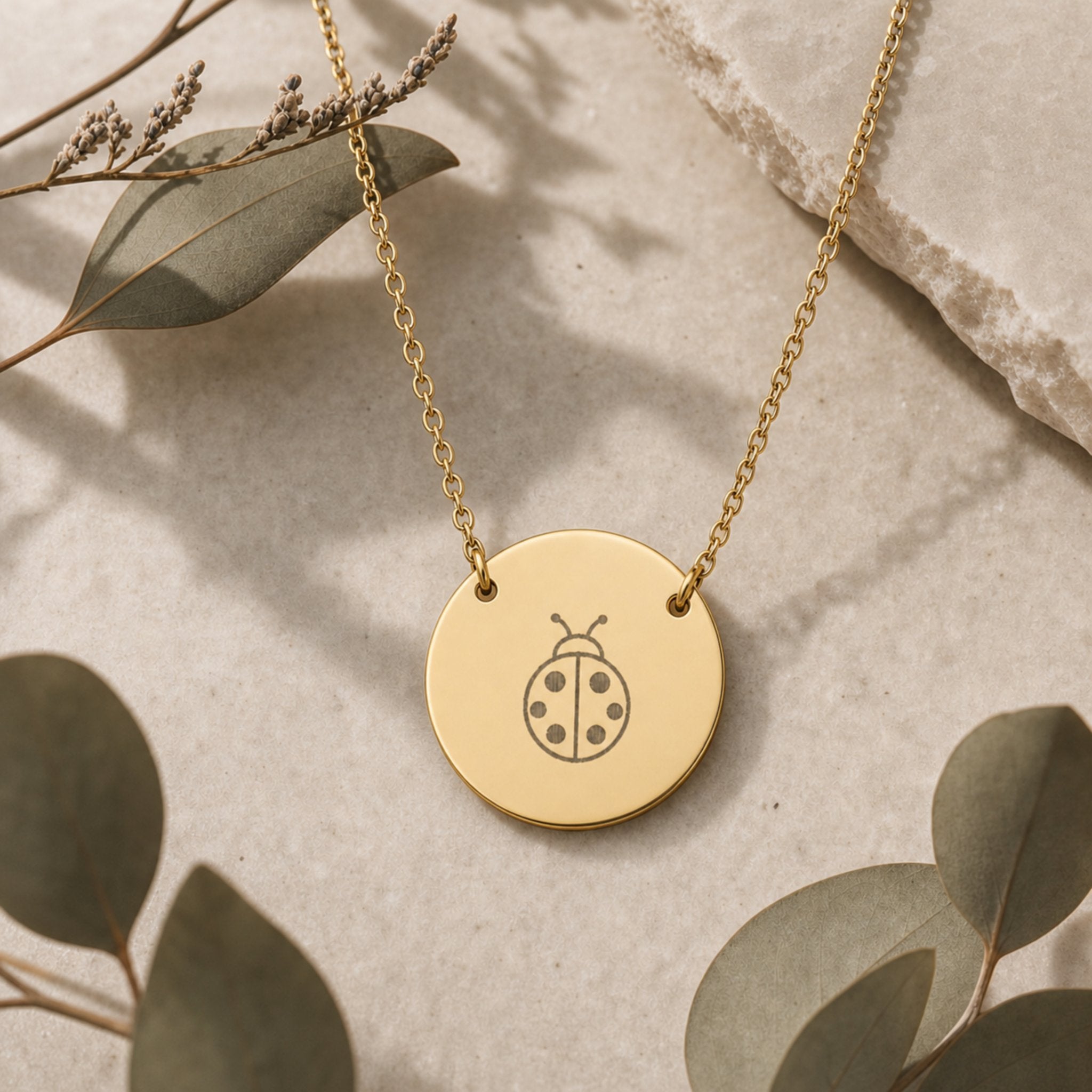 Dainty engraved ladybug coin necklace in 18K gold PVD — laser-engraved ladybug on round pendant, warm cream lifestyle