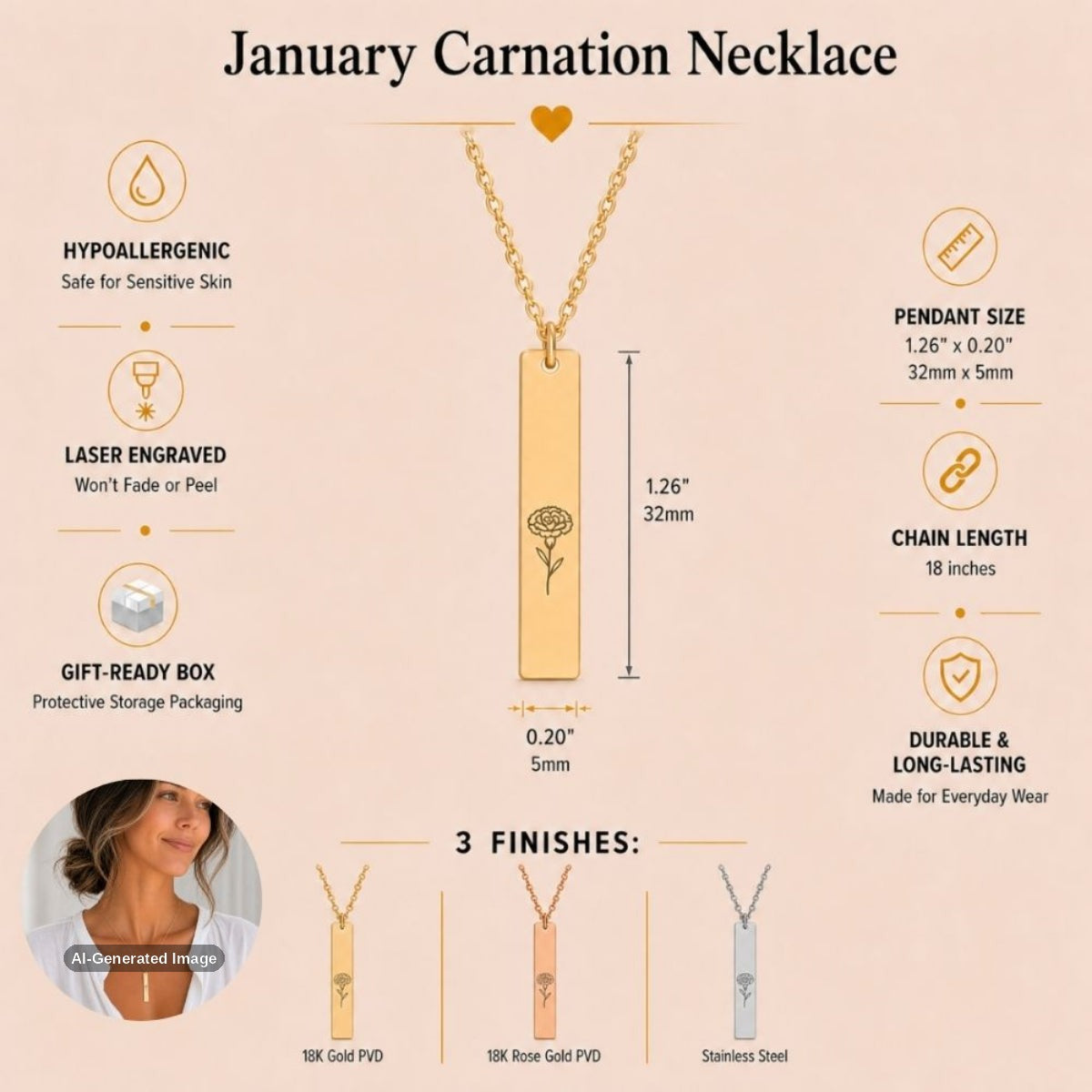January birth flower necklace — Carnation vertical bar pendant specs: 1.26" × 0.20" × 0.08" (32 × 5 × 2 mm), 18-inch chain, premium 316L stainless steel, single top jump ring