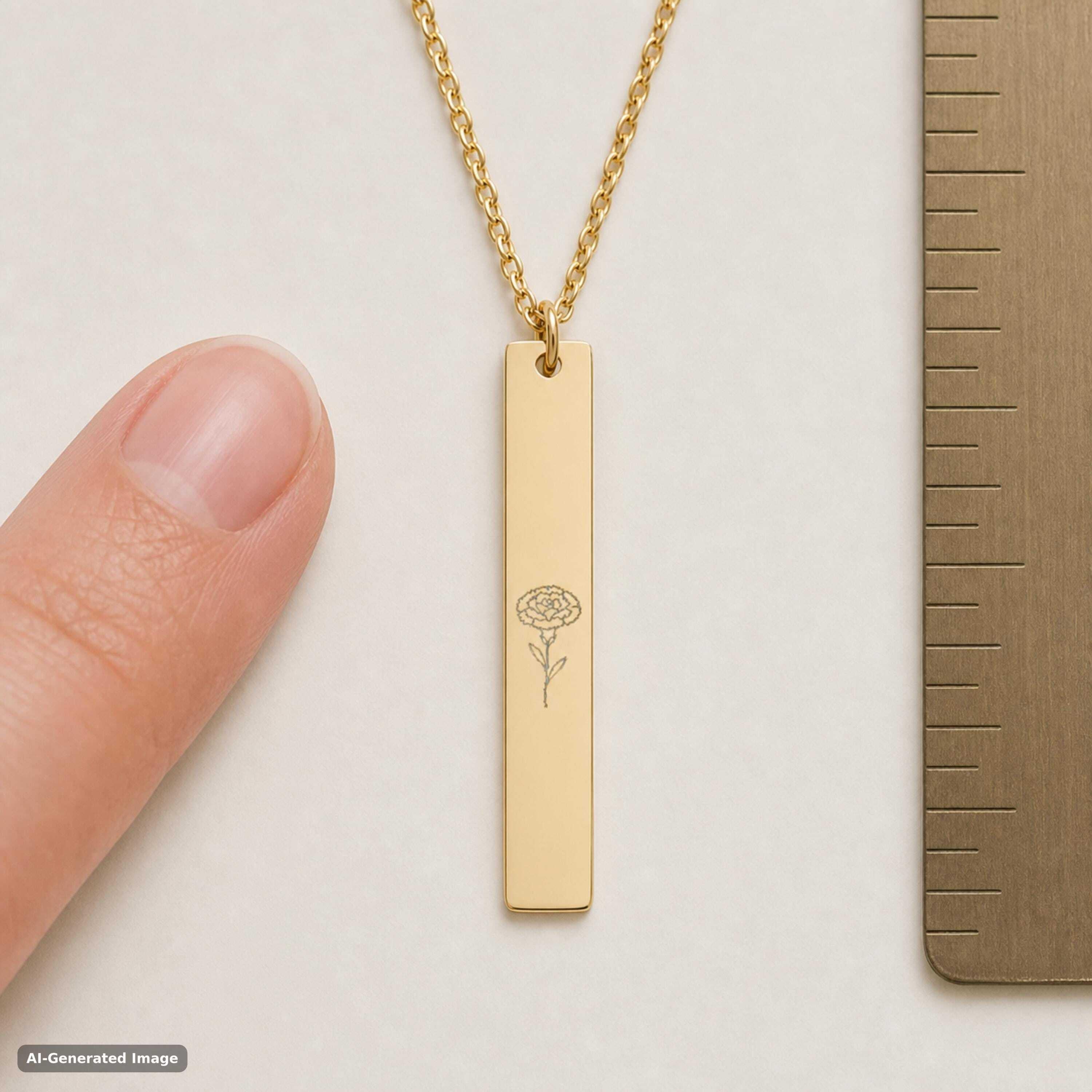 January birth flower necklace — Carnation engraved vertical bar pendant shown at fingertip scale beside a ruler, 18K Gold PVD, 316L stainless steel (AI-generated image)