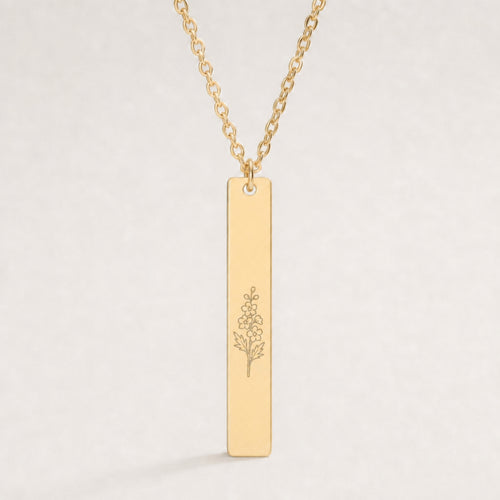 July Birth Flower Necklace — Larkspur Vertical Bar Pendant