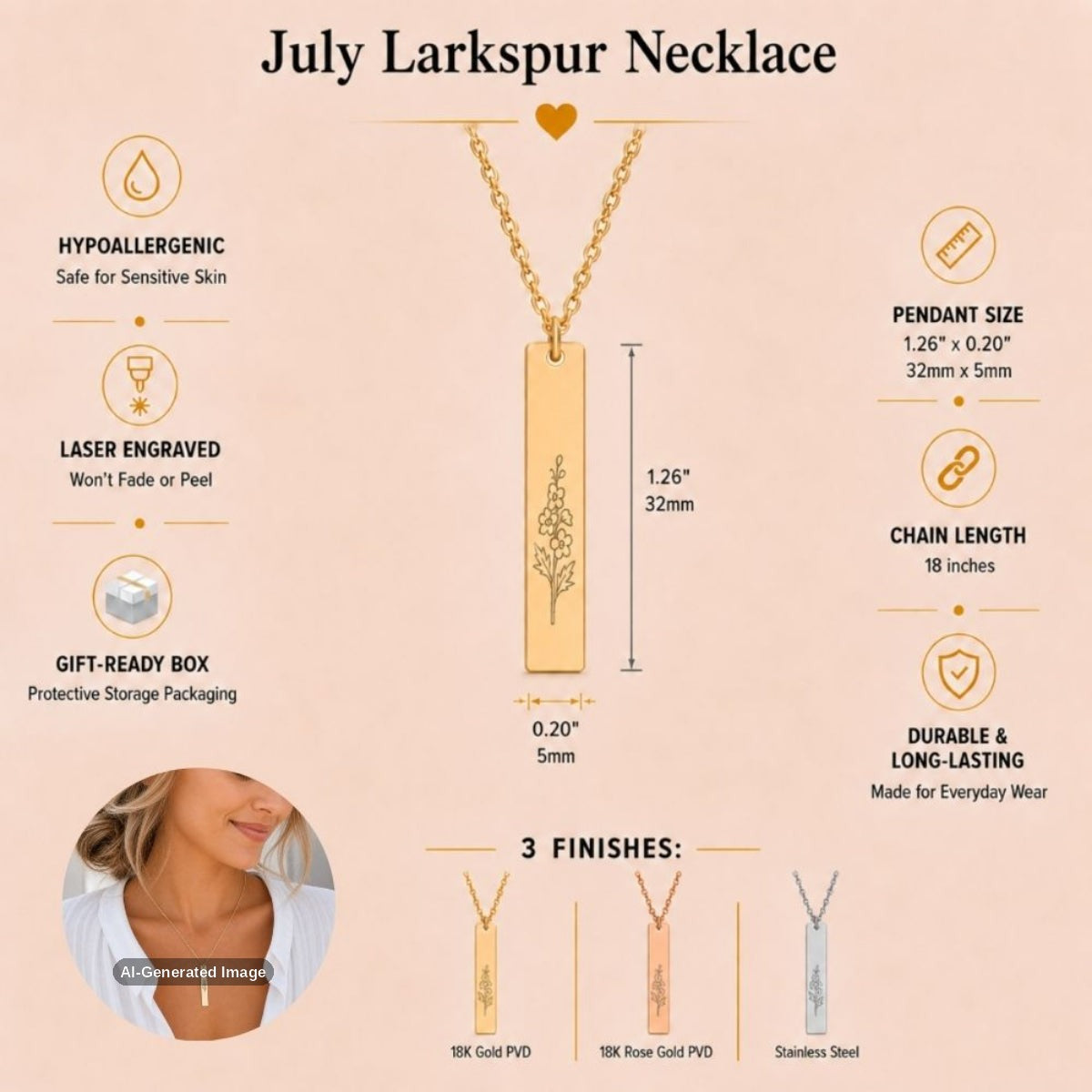 July birth flower necklace — Larkspur vertical bar pendant specs: 1.26" × 0.20" × 0.08" (32 × 5 × 2 mm), 18-inch chain, premium 316L stainless steel