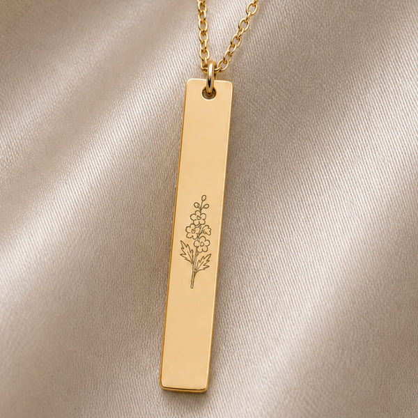 July birth flower Bar necklace — engraved with Larkspur