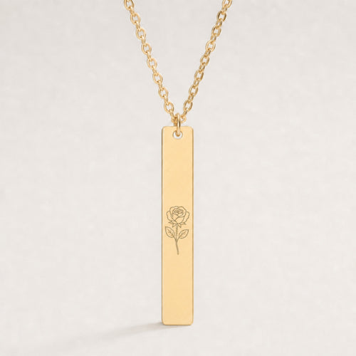 June Birth Flower Necklace — Rose Vertical Bar Pendant