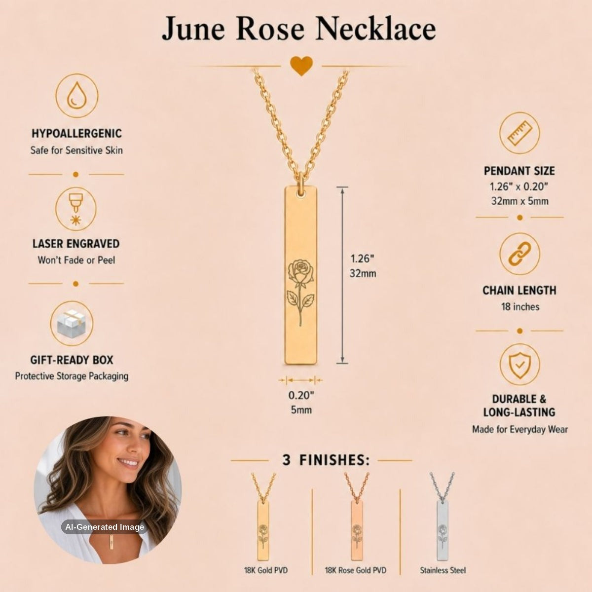 June birth flower necklace — Rose vertical bar pendant specs: 1.26" × 0.20" × 0.08" (32 × 5 × 2 mm), 18-inch chain, premium 316L stainless steel
