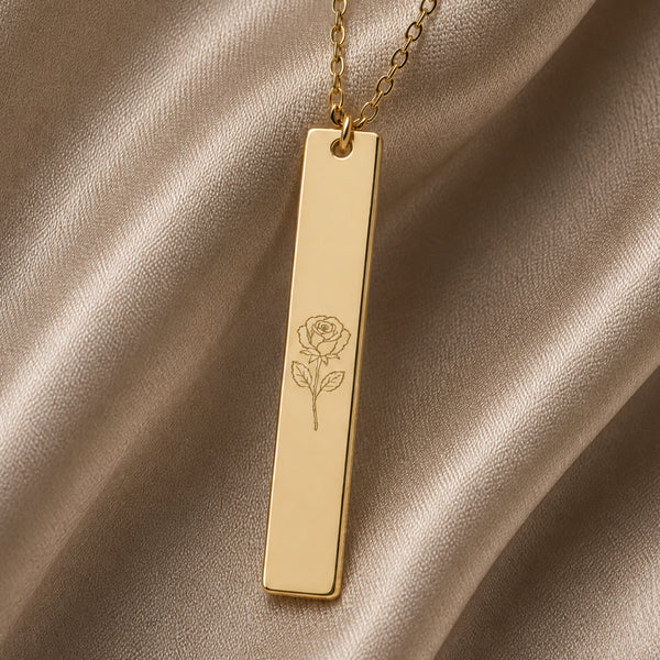 June birth flower Bar necklace — engraved with Rose