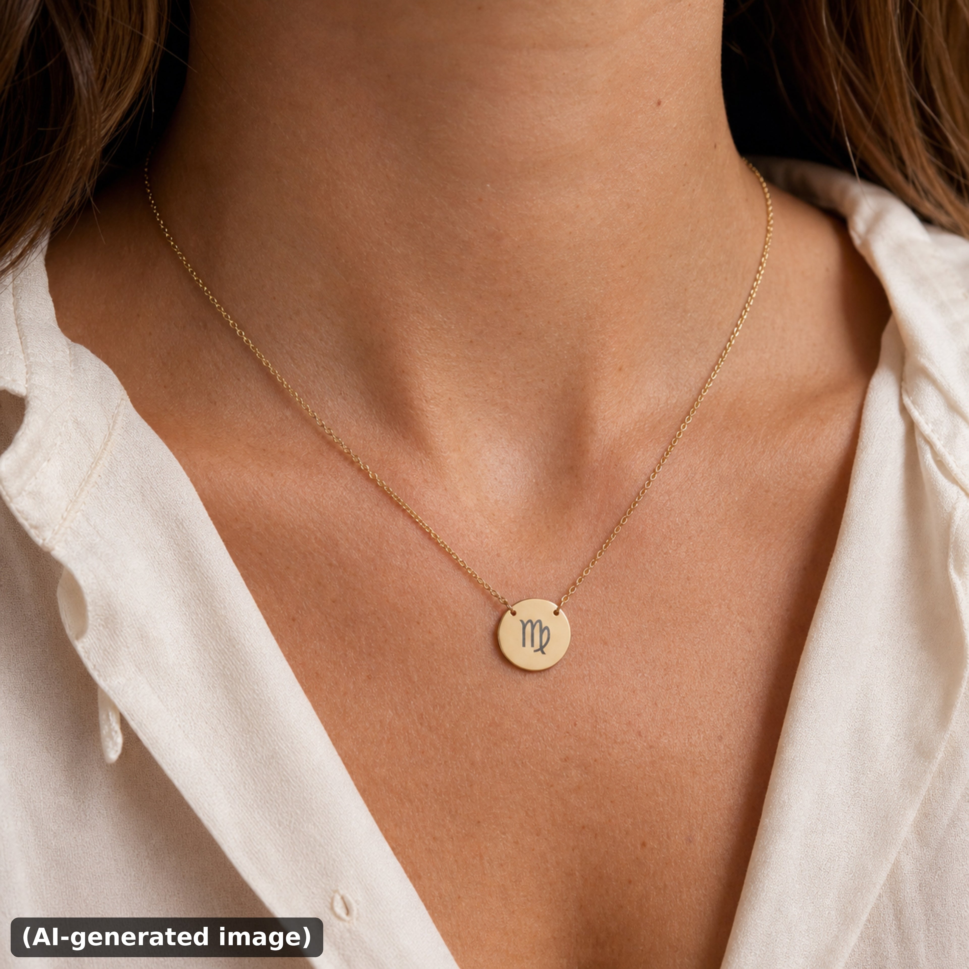 Virgo zodiac coin necklace worn on model in 18K gold PVD lifestyle (AI-generated image)