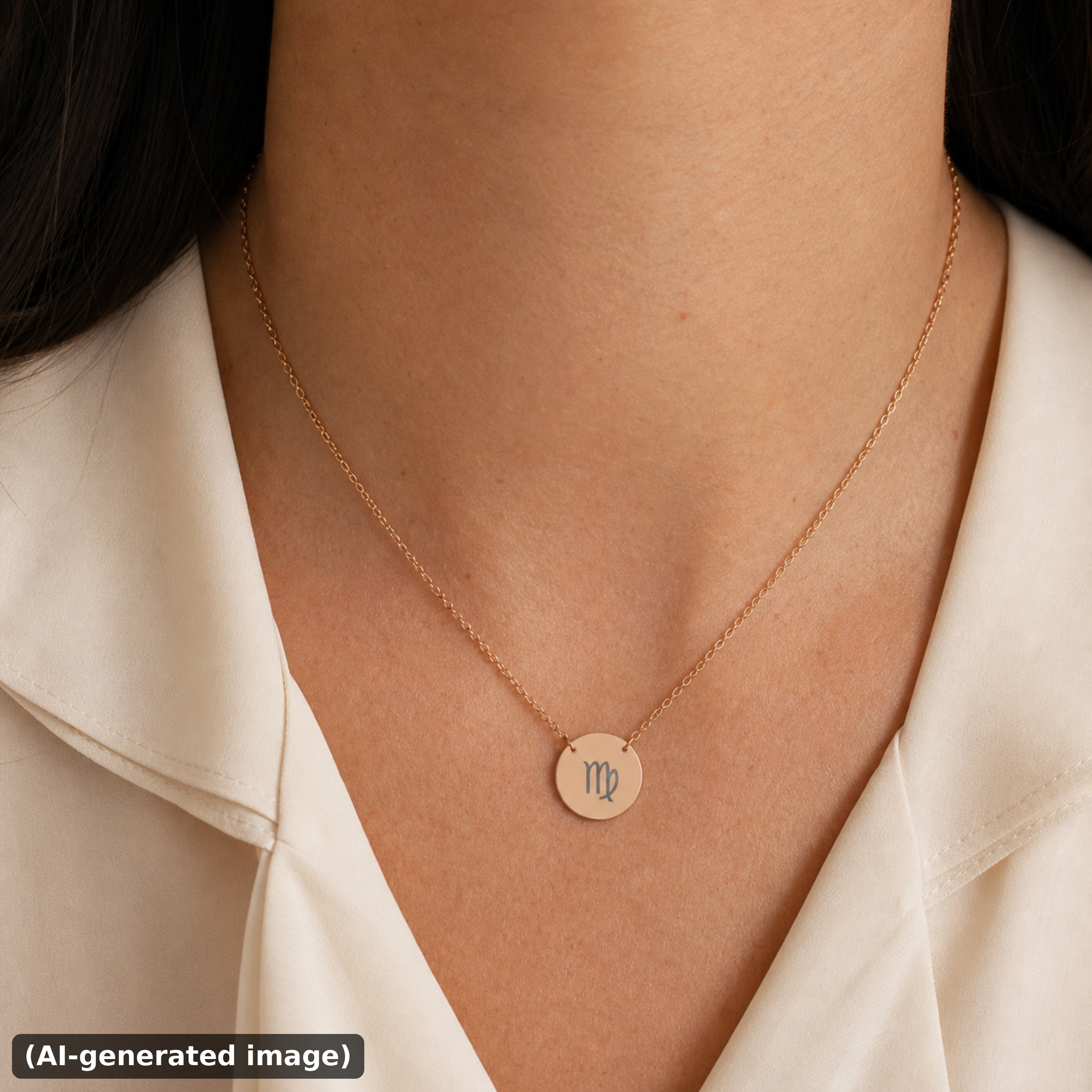 Virgo zodiac coin necklace worn on model in 18K rose gold PVD lifestyle (AI-generated image)