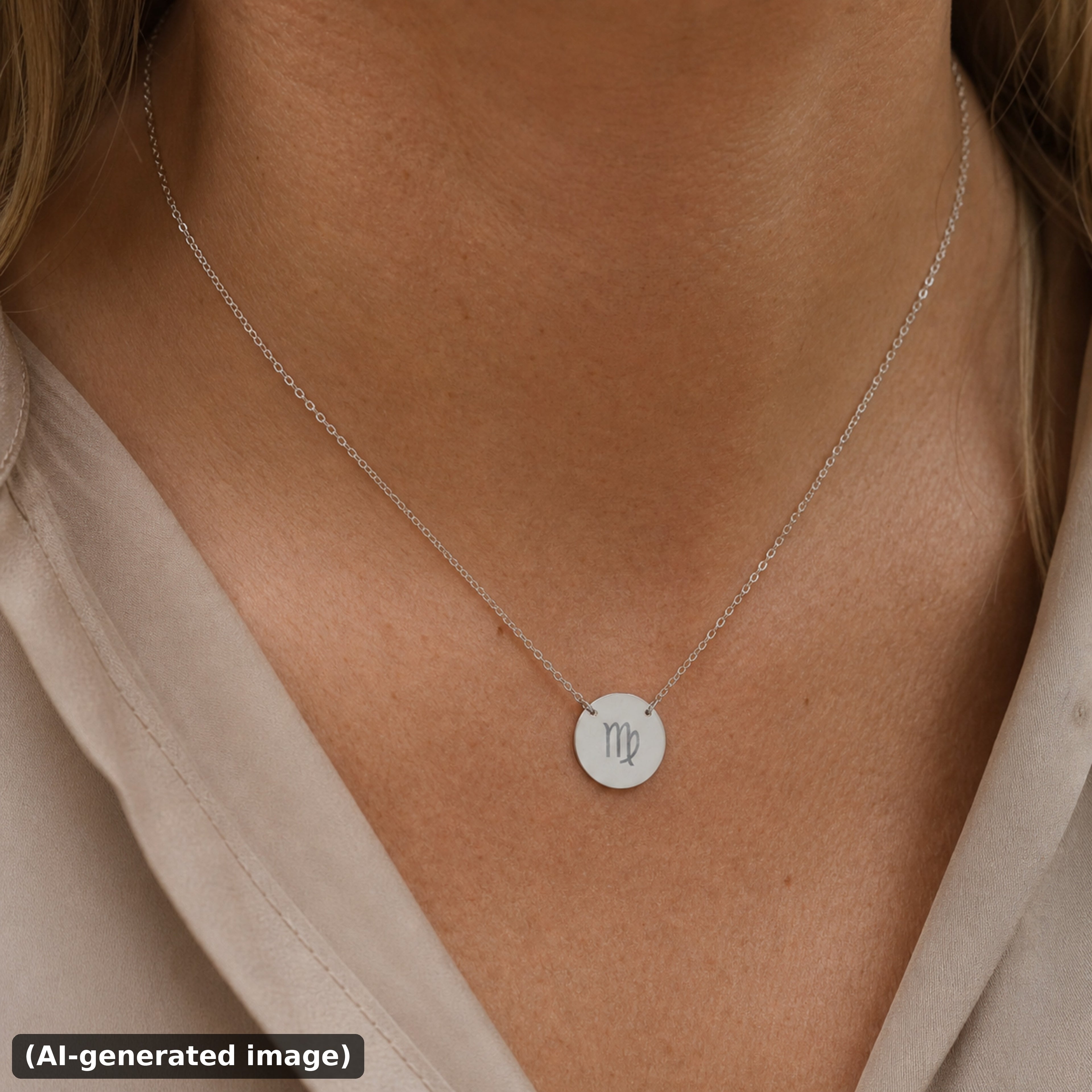 Virgo zodiac coin necklace worn on model in stainless steel lifestyle (AI-generated image)