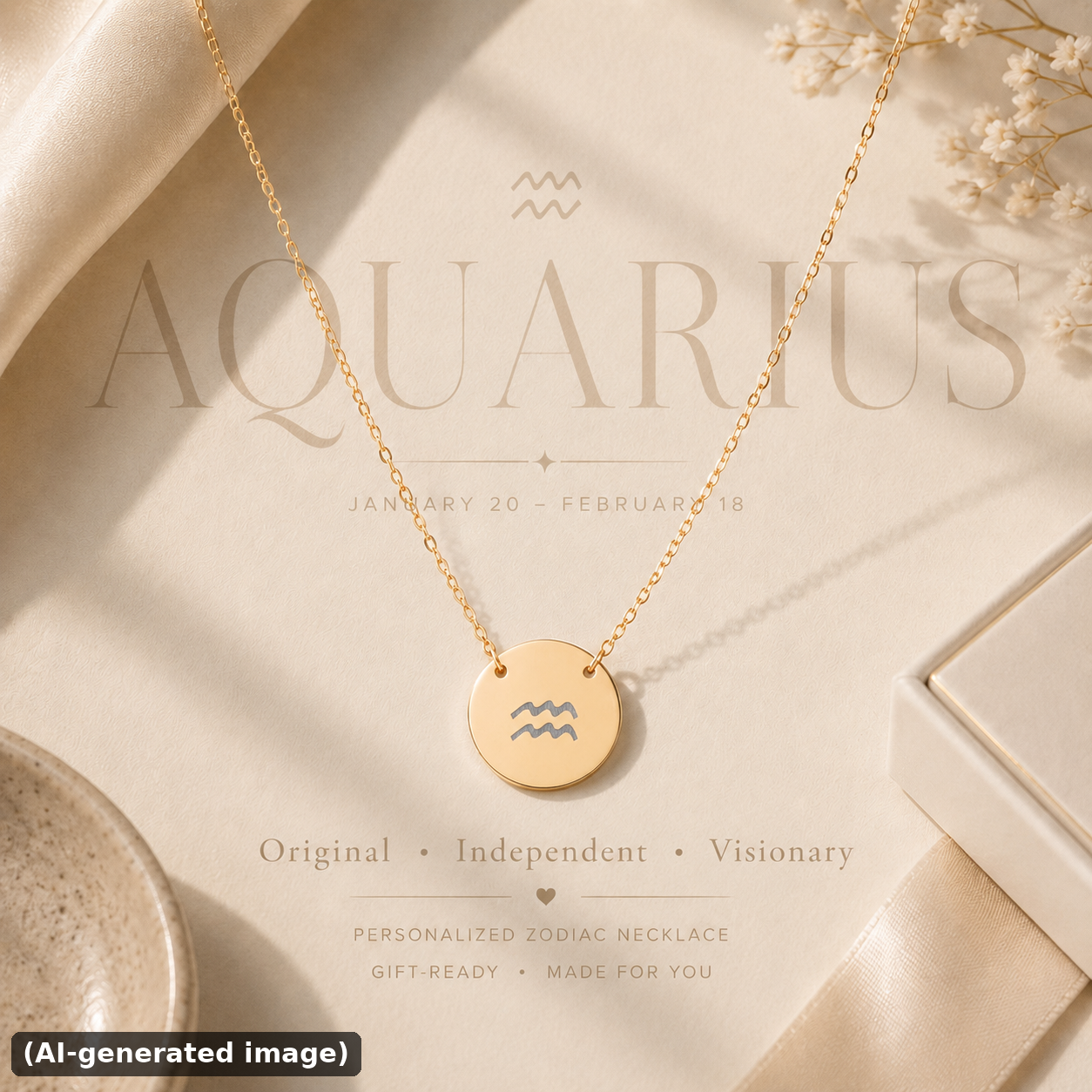 Aquarius zodiac coin necklace engraved star sign pendant — hero (AI-generated image)