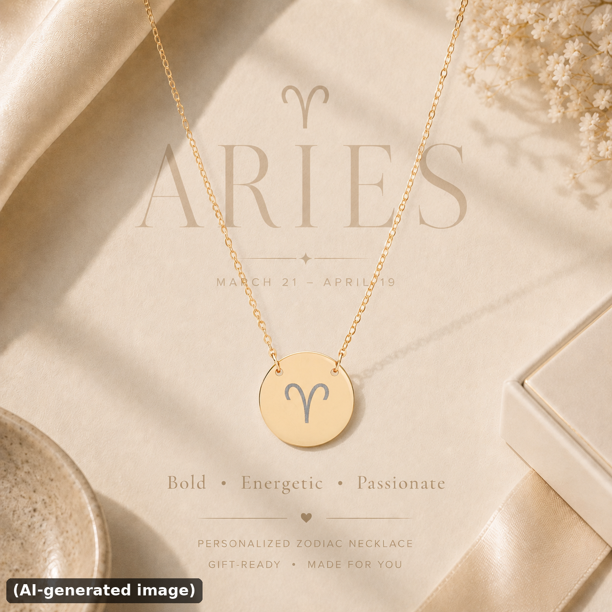 Aries zodiac coin necklace engraved star sign pendant — hero (AI-generated image)