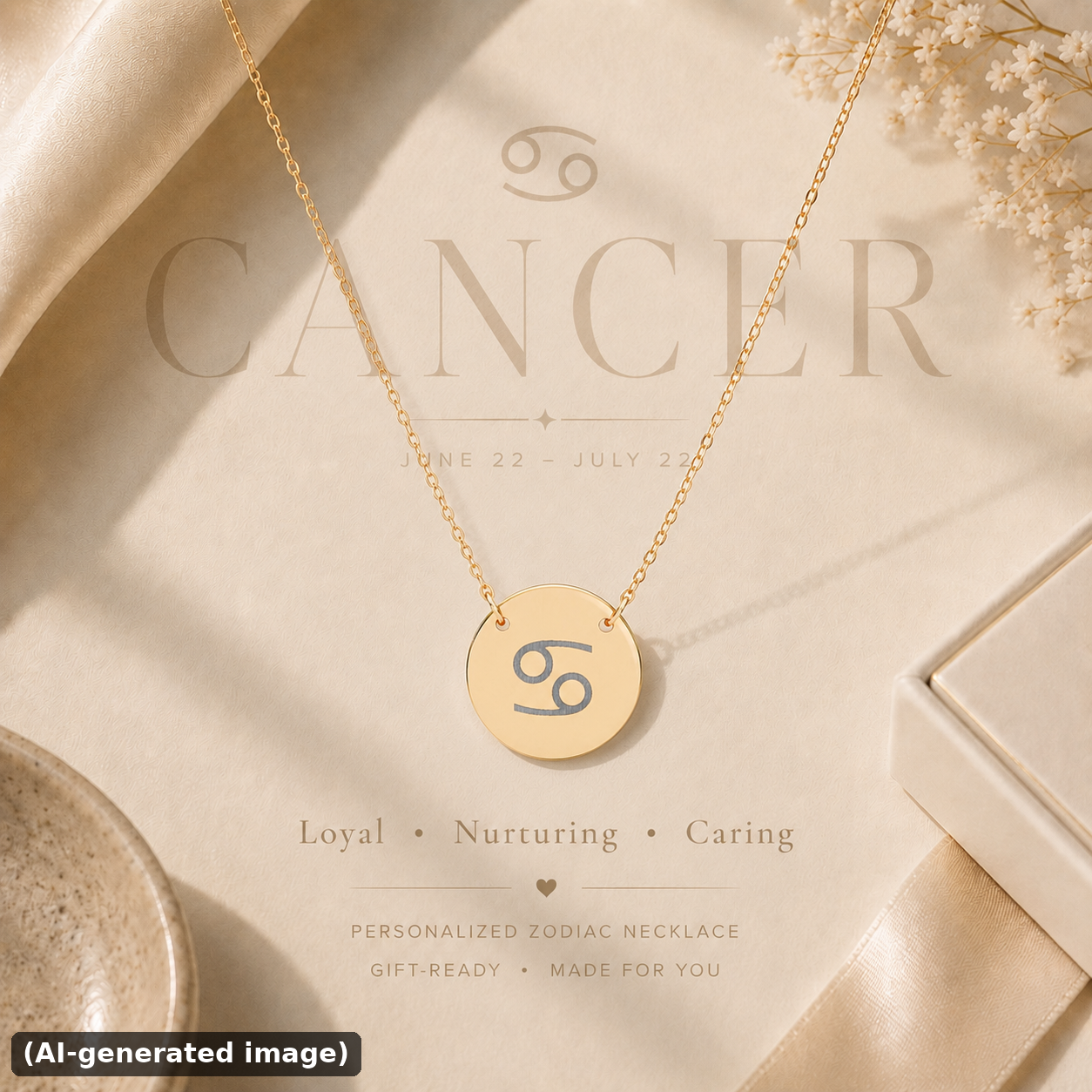 Cancer zodiac coin necklace engraved star sign pendant — hero (AI-generated image)