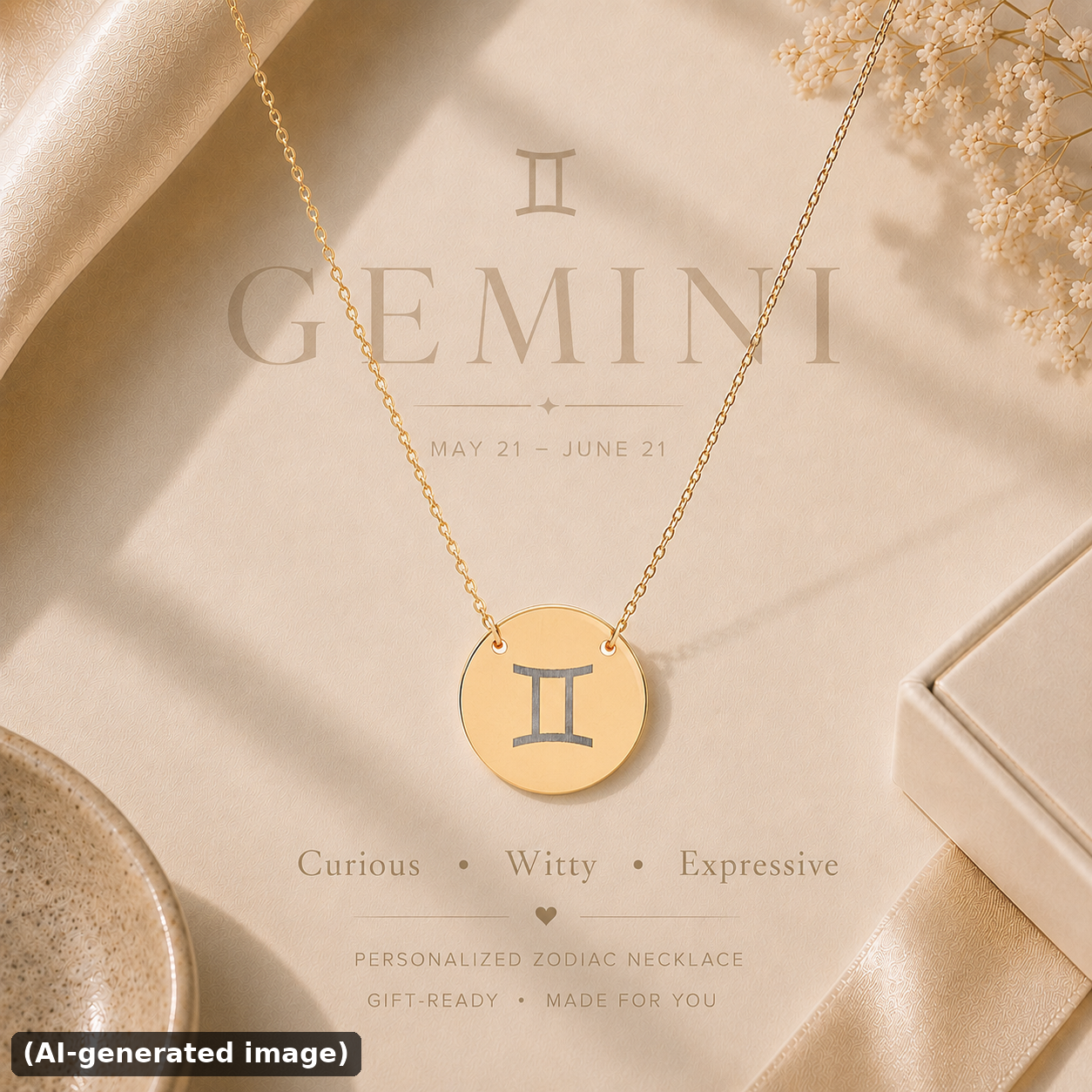 Gemini zodiac coin necklace engraved star sign pendant — hero (AI-generated image)